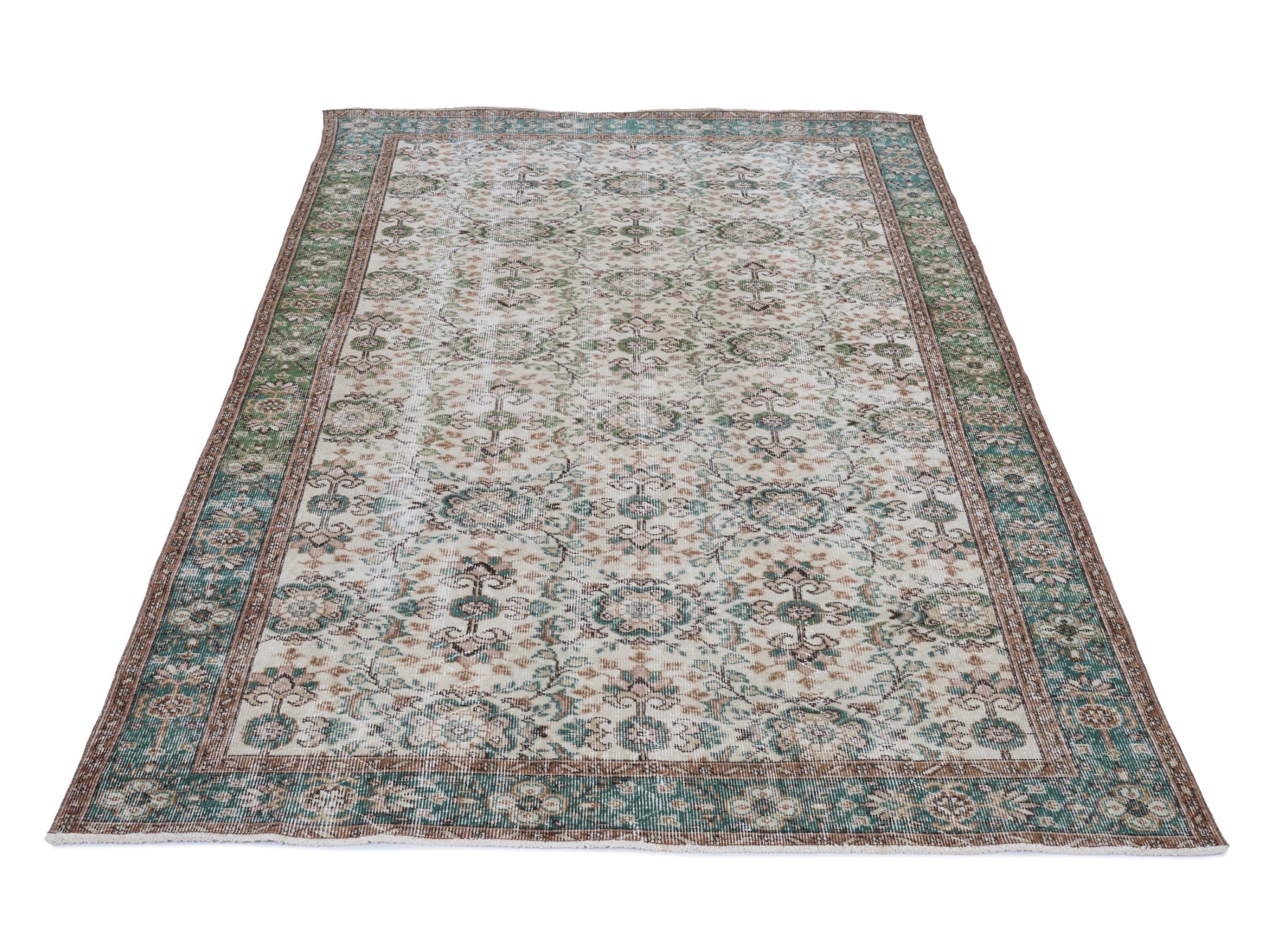 Turkish Isparta area rug in ivory and teal, view 2 of 10