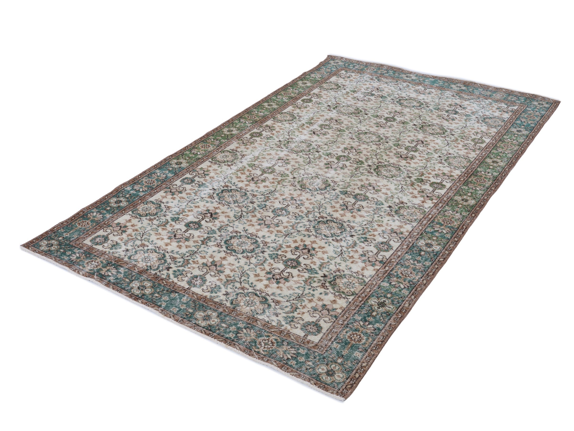 Turkish Isparta area rug in ivory and teal, view 3 of 10