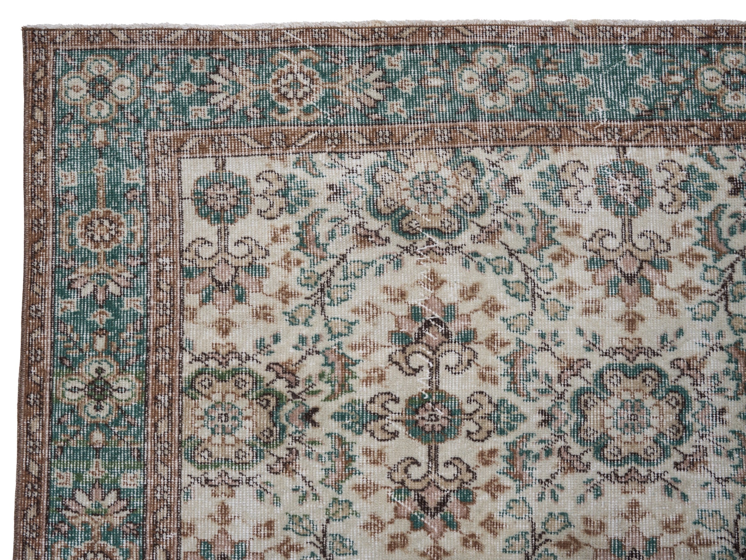 Turkish Isparta area rug in ivory and teal, view 8 of 10