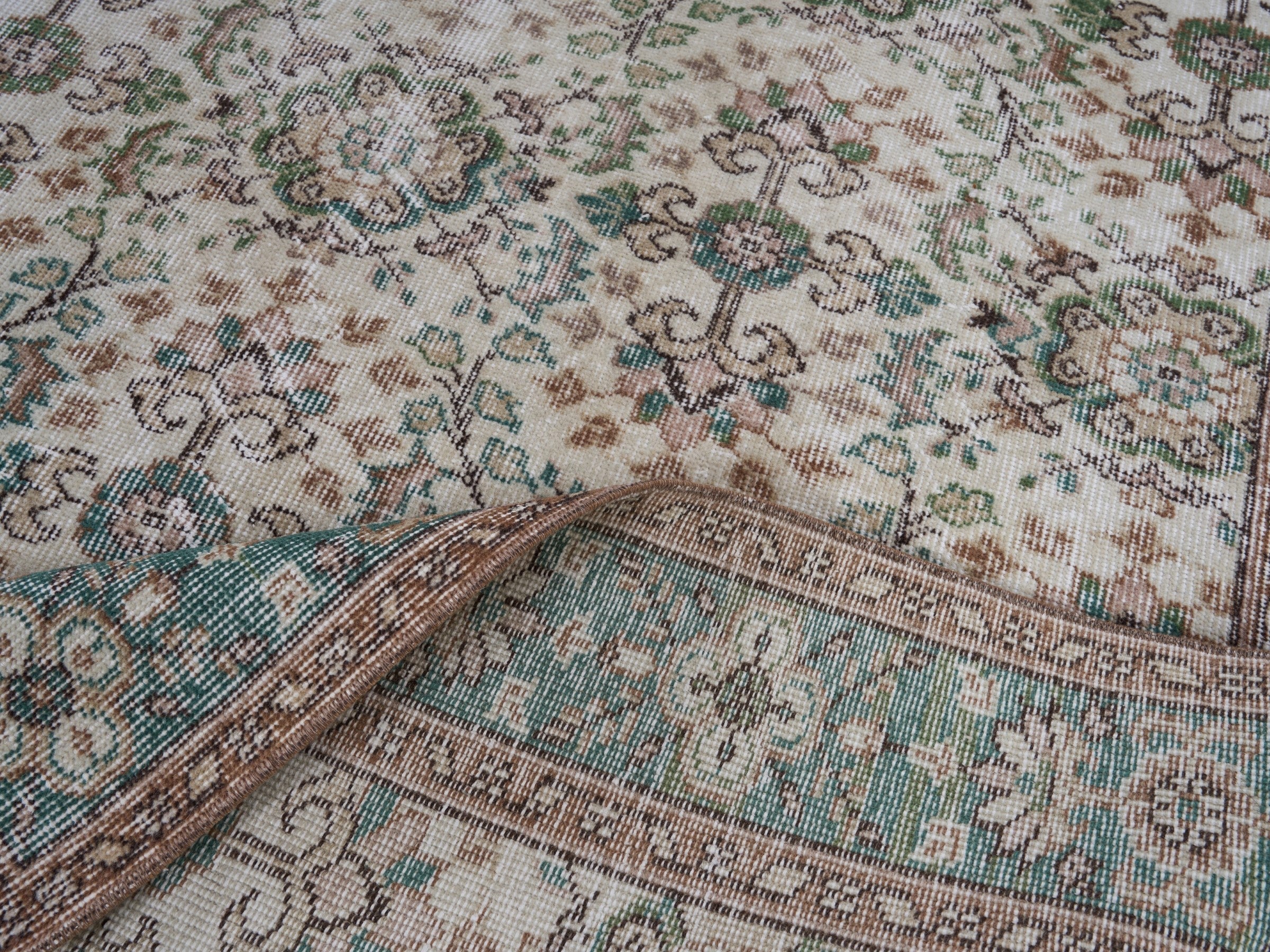 Turkish Isparta area rug in ivory and teal, view 9 of 10