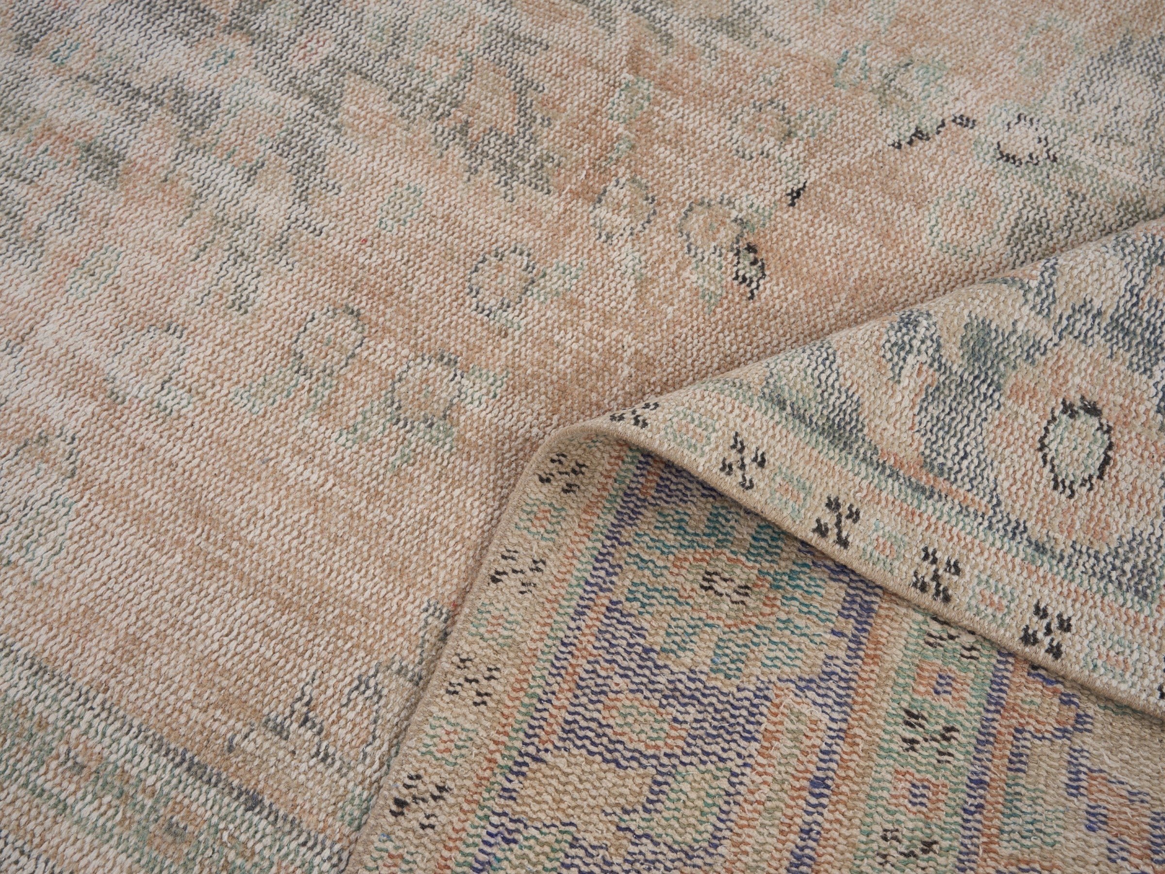 Turkish Manisa area rug in beige and dusty blue, view 9 of 10