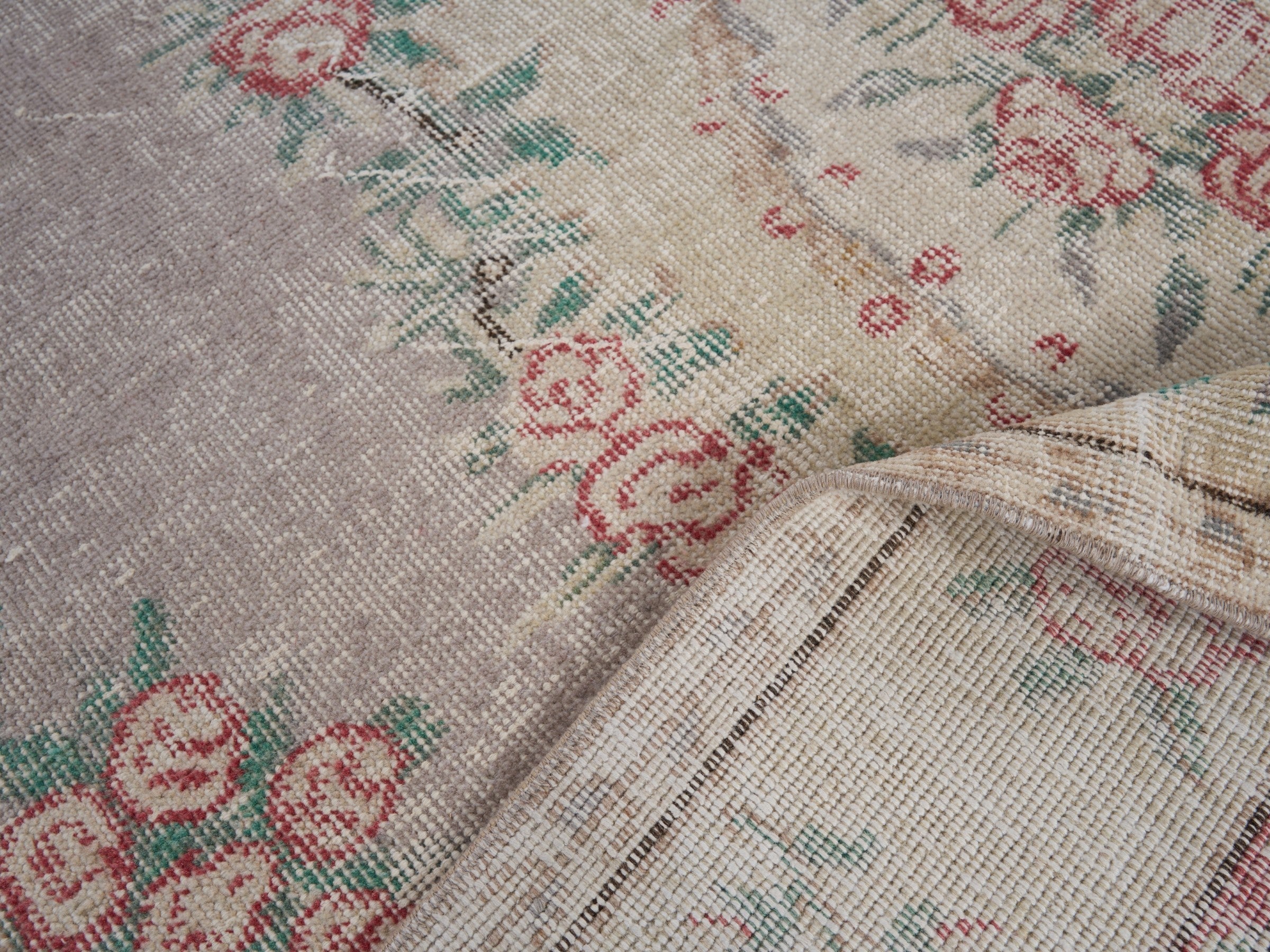 Turkish Isparta area rug in taupe and faded red, view 9 of 10
