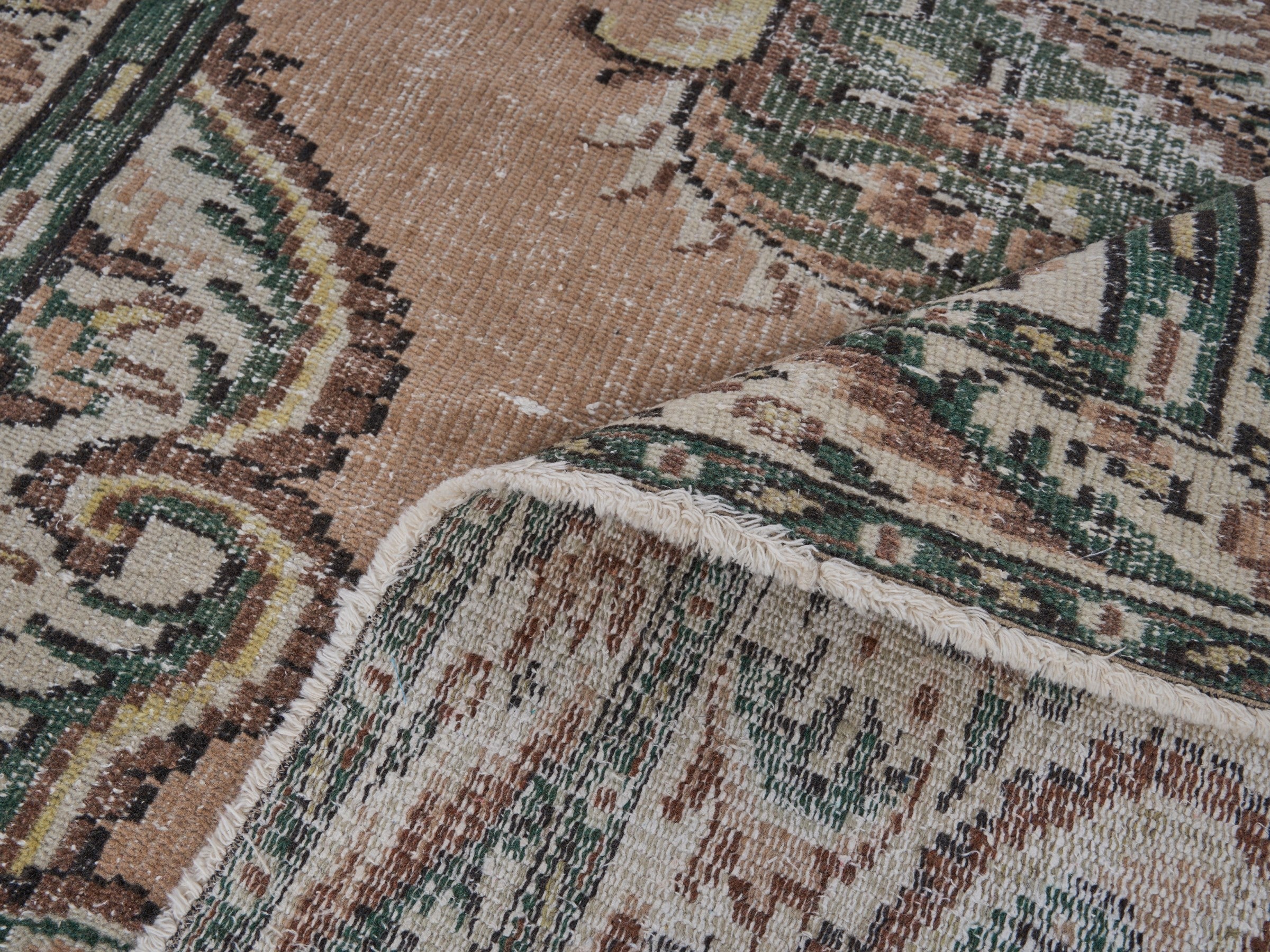 Turkish Manisa area rug in dusty rose and dark teal, view 9 of 10