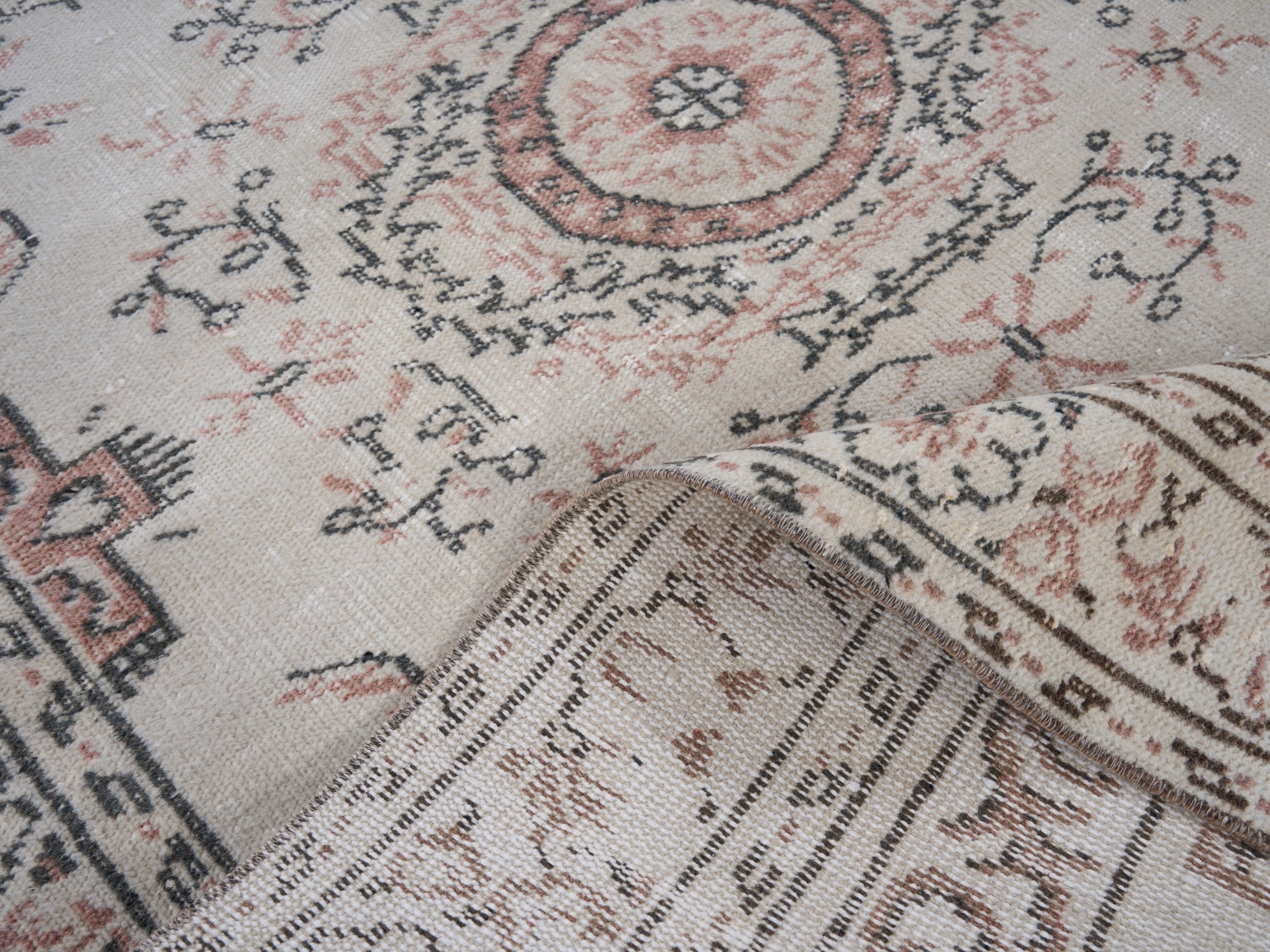 Turkish Manisa area rug in cream and muted pink, view 9 of 10
