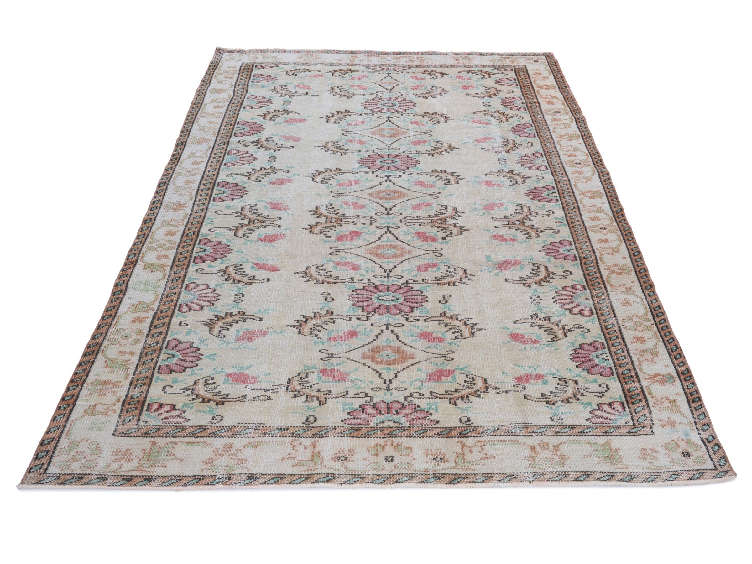 Turkish Manisa area rug in cream and rose, view 2 of 10