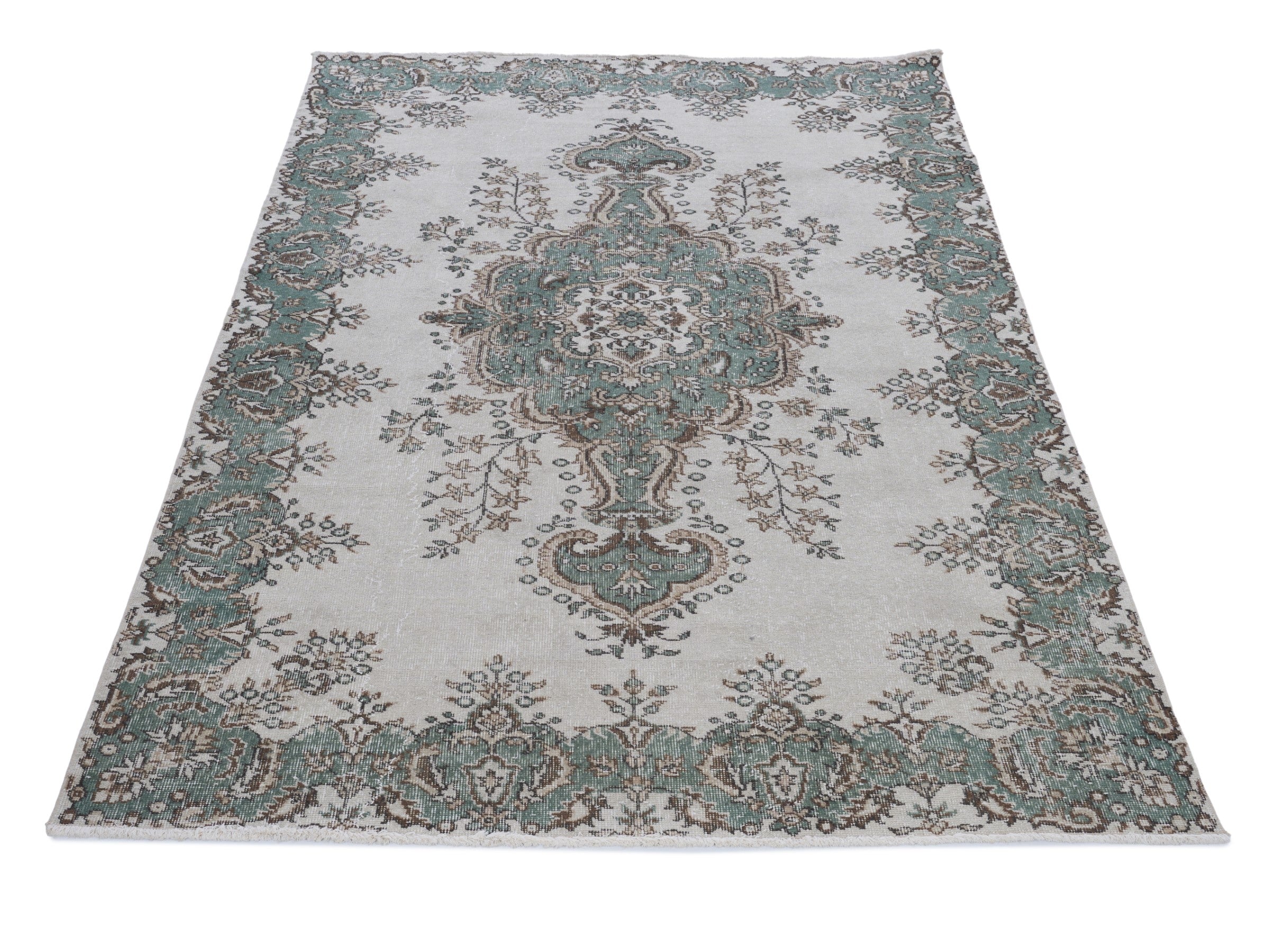 Turkish Isparta area rug in ivory and sage, view 2 of 10
