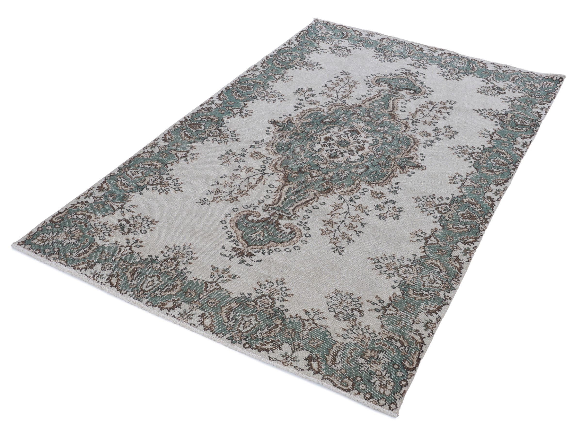 Turkish Isparta area rug in ivory and sage, view 3 of 10