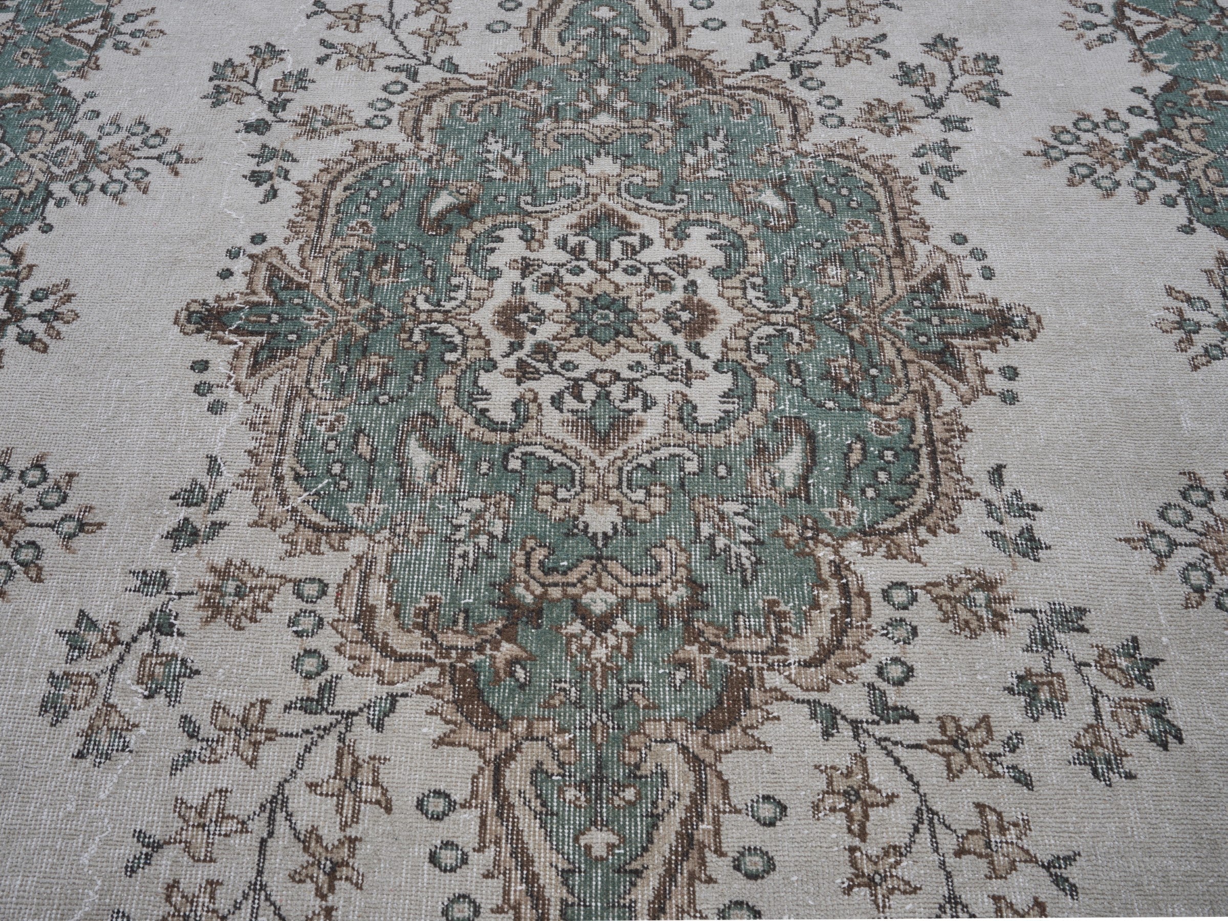 Turkish Isparta area rug in ivory and sage, view 4 of 10