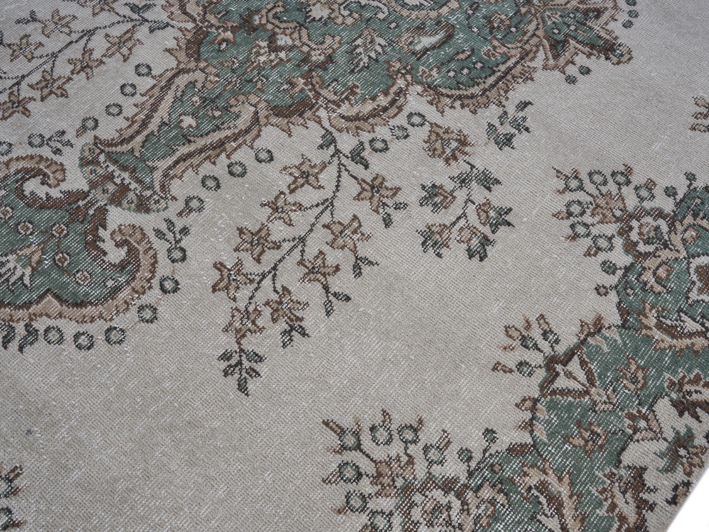 Turkish Isparta area rug in ivory and sage, view 5 of 10