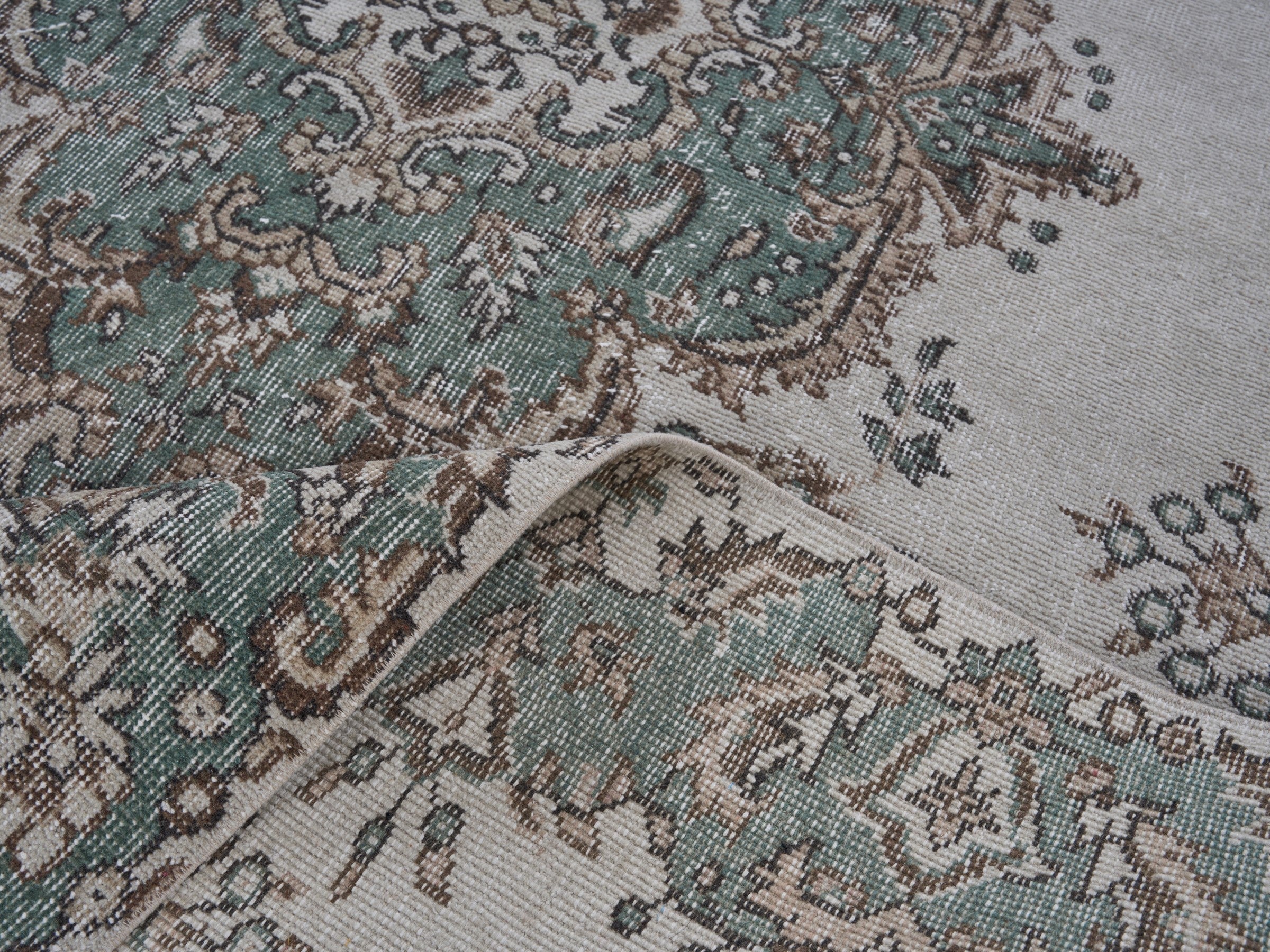Turkish Isparta area rug in ivory and sage, view 9 of 10