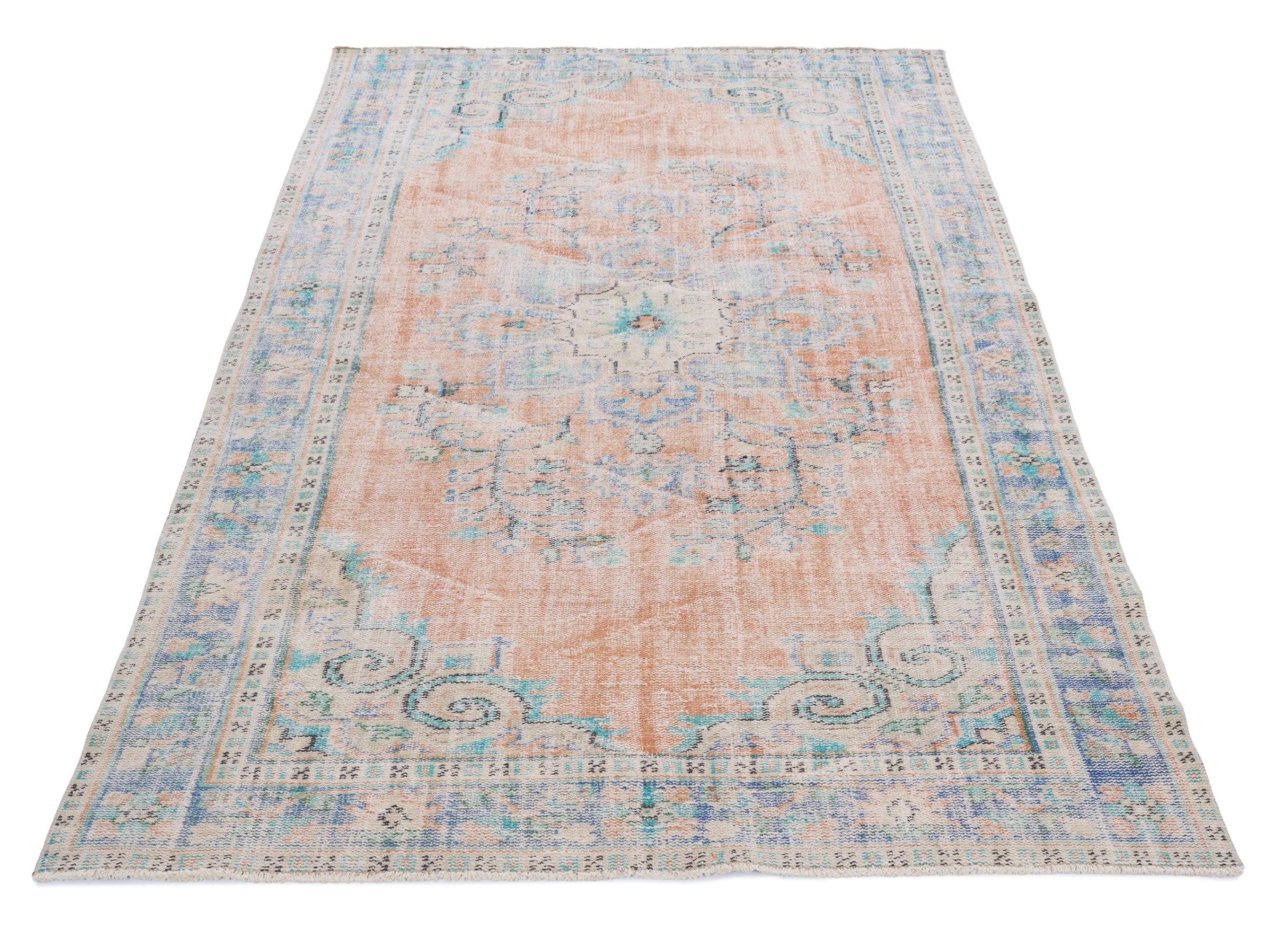 Turkish Manisa area rug in apricot and powder blue, view 2 of 10