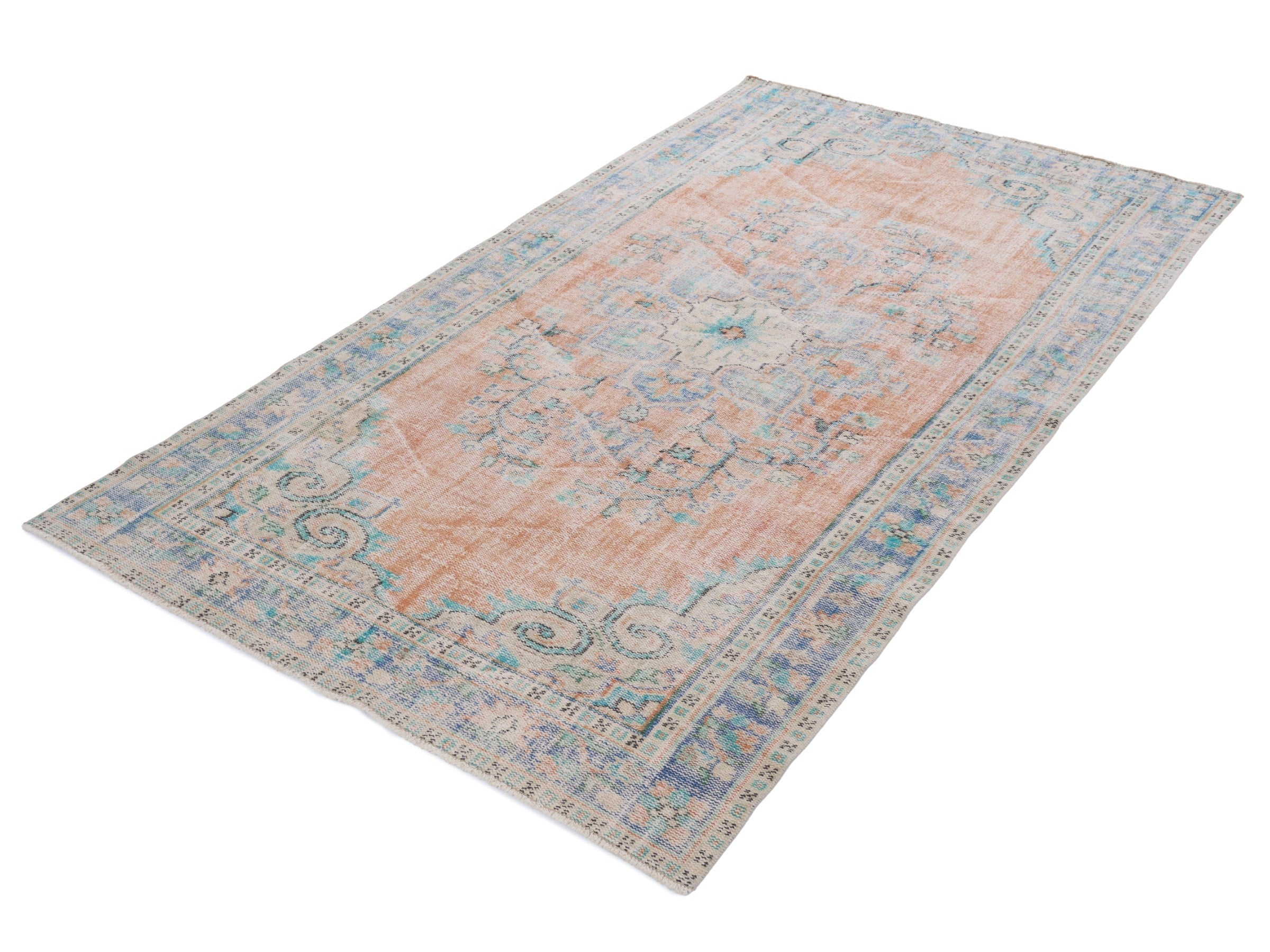 Turkish Manisa area rug in apricot and powder blue, view 3 of 10