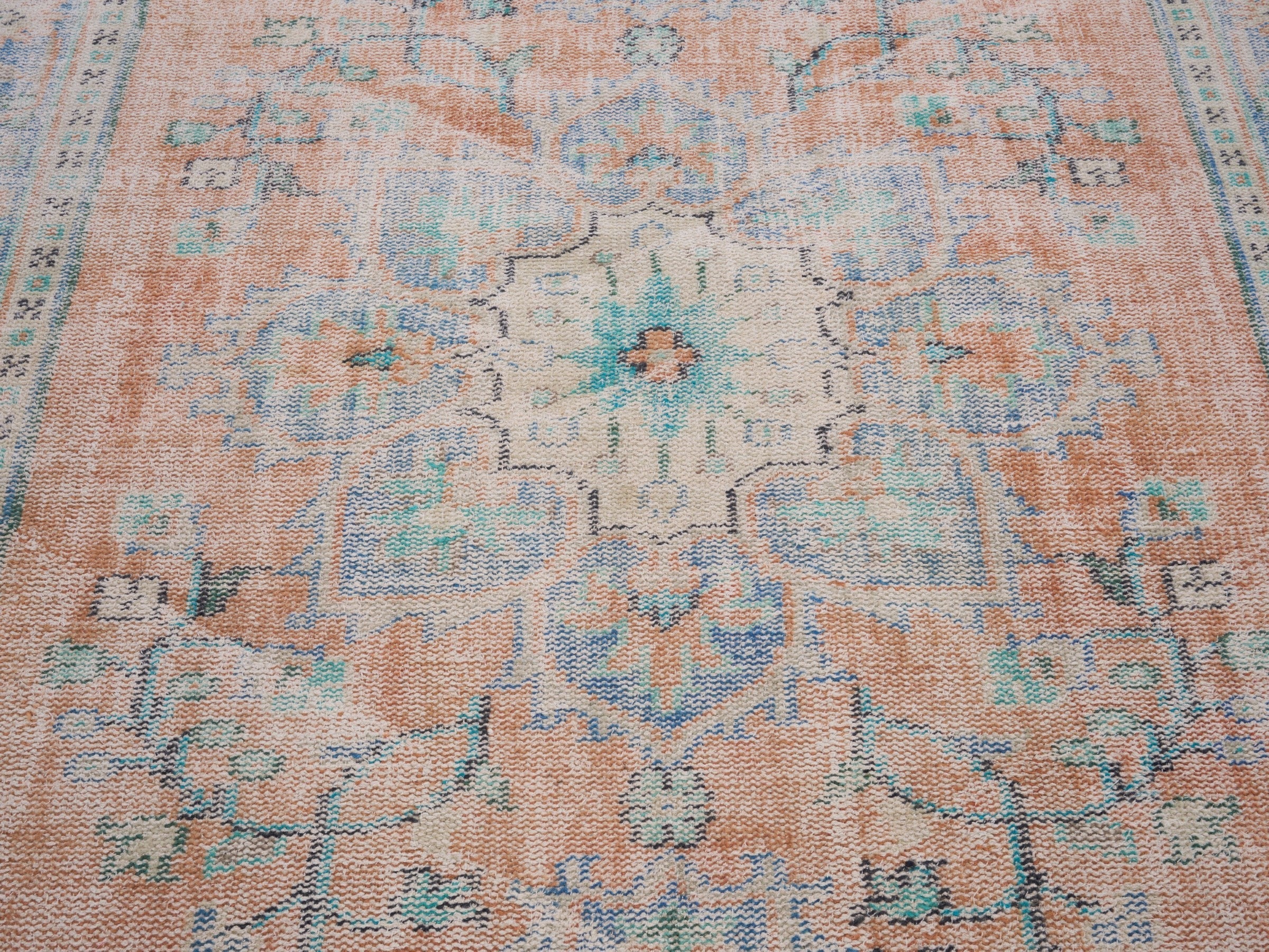 Turkish Manisa area rug in apricot and powder blue, view 4 of 10