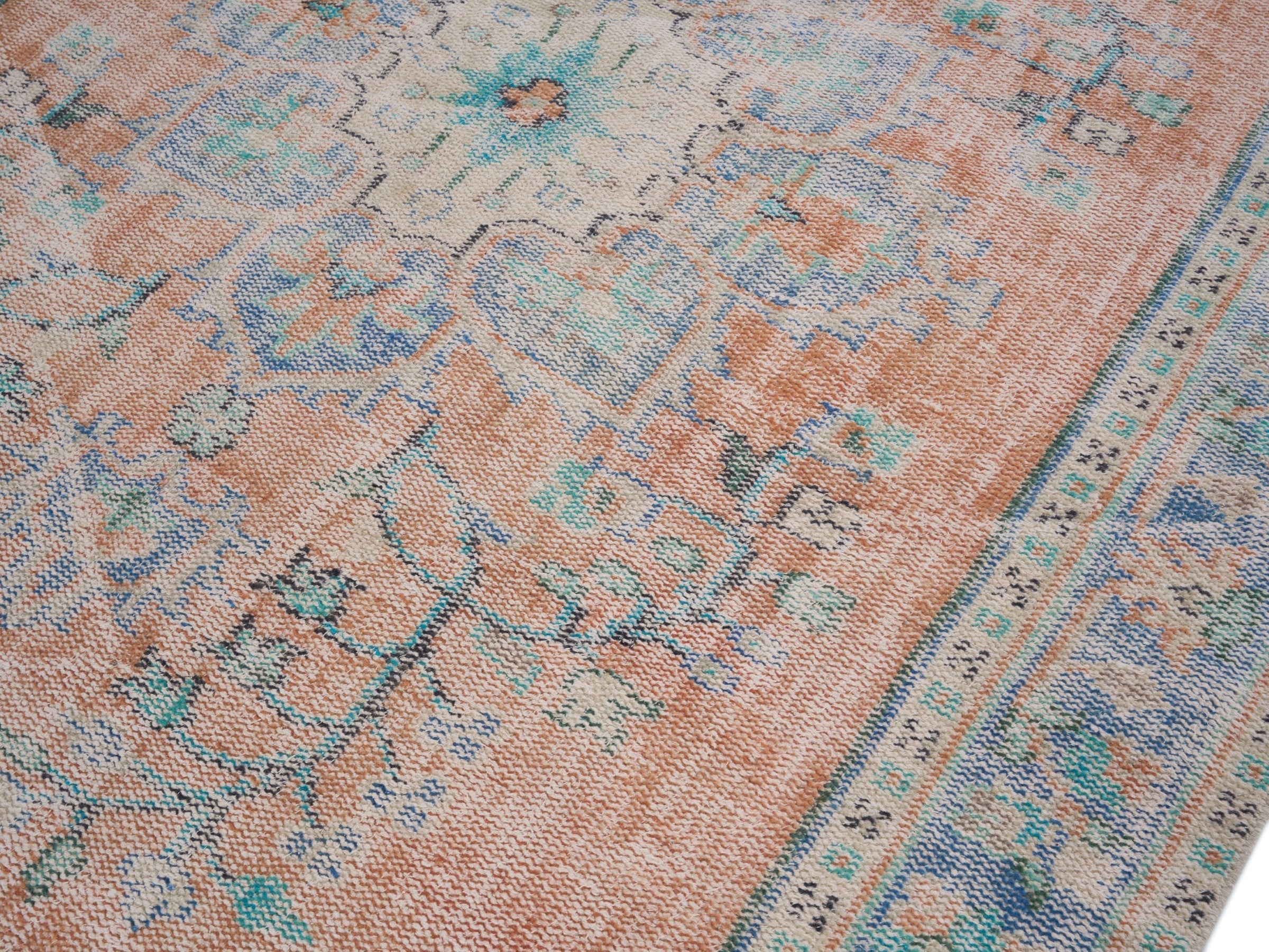 Turkish Manisa area rug in apricot and powder blue, view 5 of 10