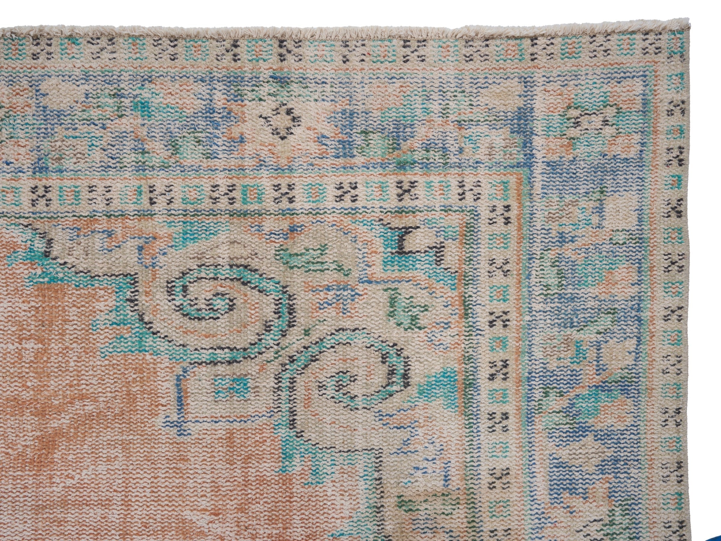 Turkish Manisa area rug in apricot and powder blue, view 8 of 10
