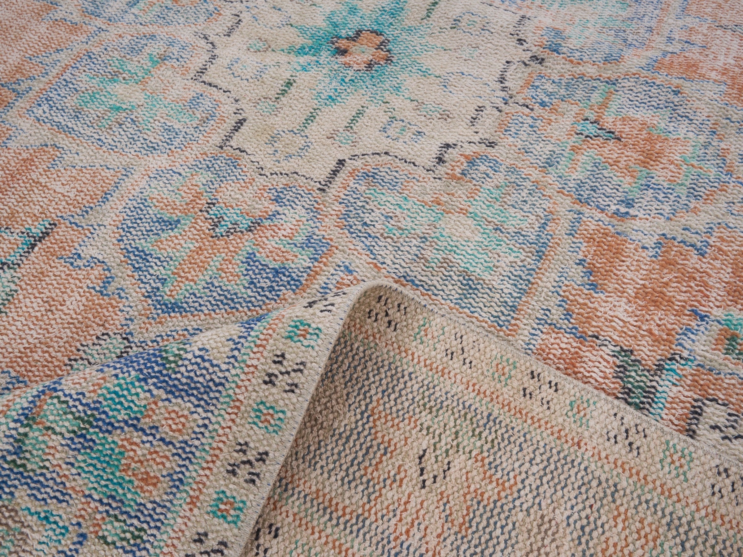 Turkish Manisa area rug in apricot and powder blue, view 9 of 10