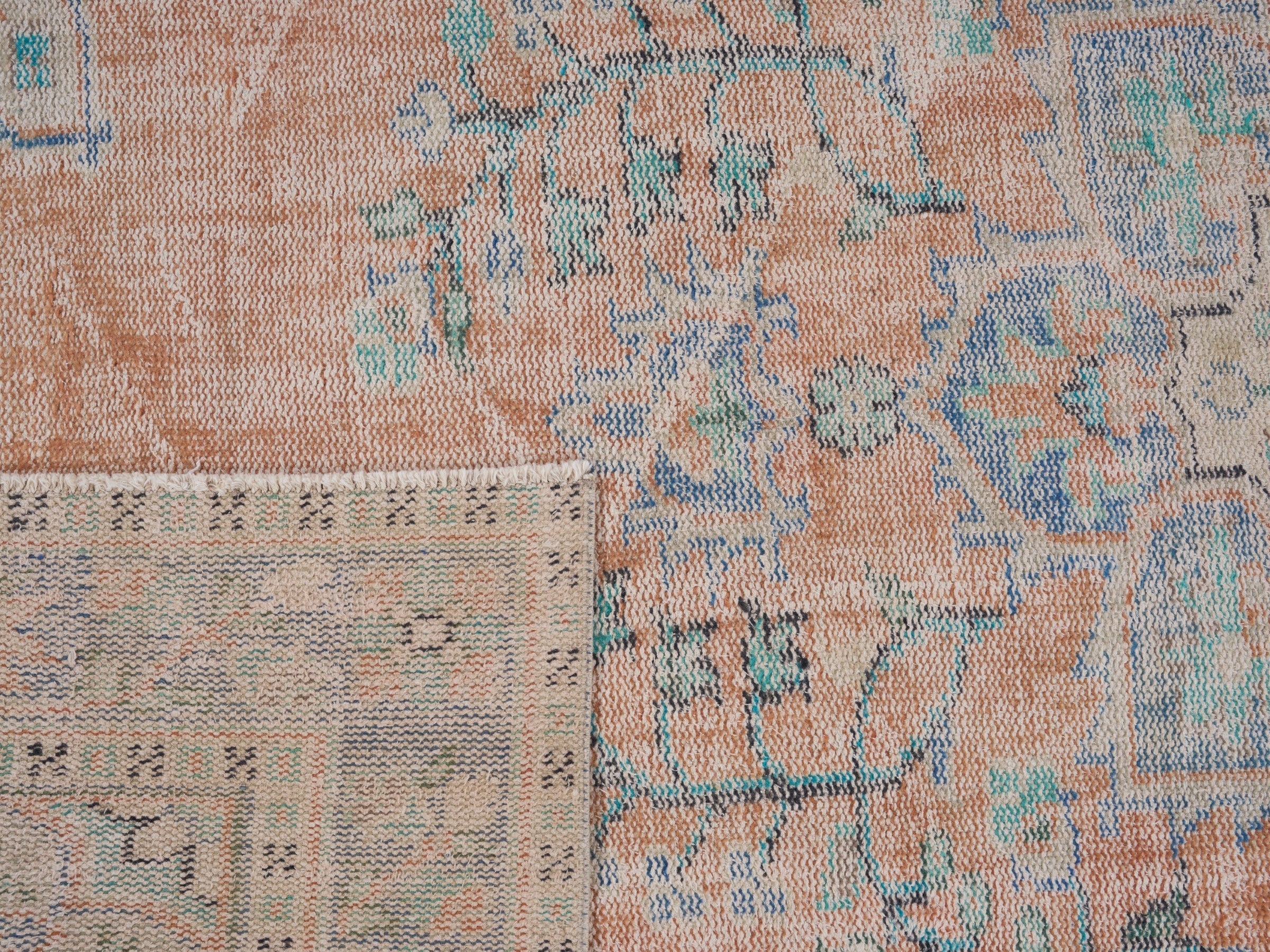 Turkish Manisa area rug in apricot and powder blue, view 10 of 10