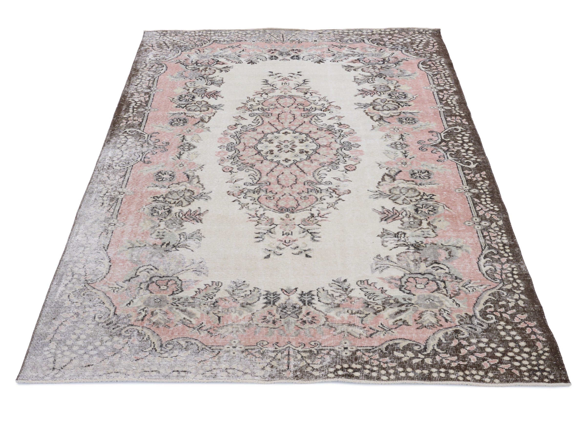 Turkish Isparta area rug in cream and muted pink, view 2 of 10