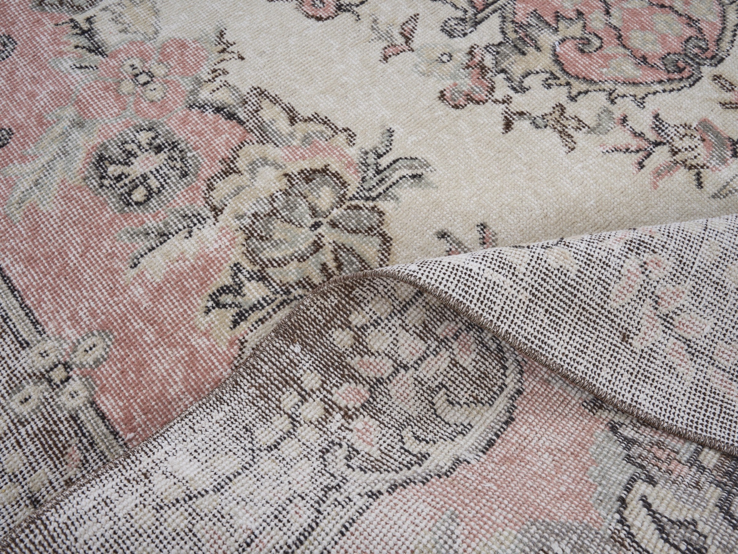 Turkish Isparta area rug in cream and muted pink, view 9 of 10