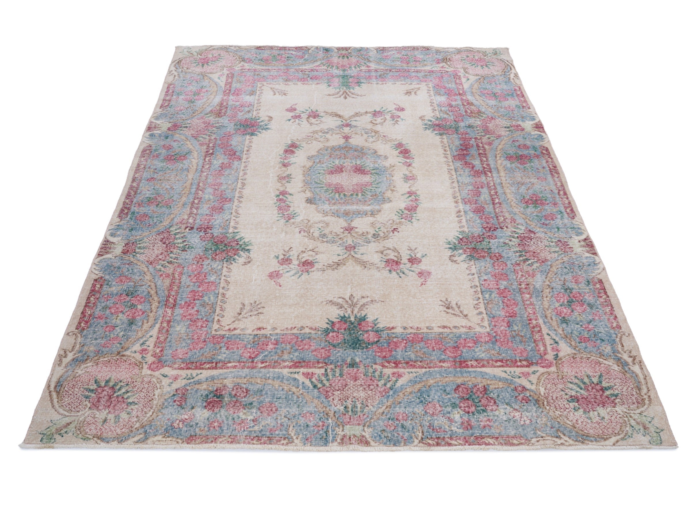 Turkish Isparta area rug in cream and faded red, view 2 of 10
