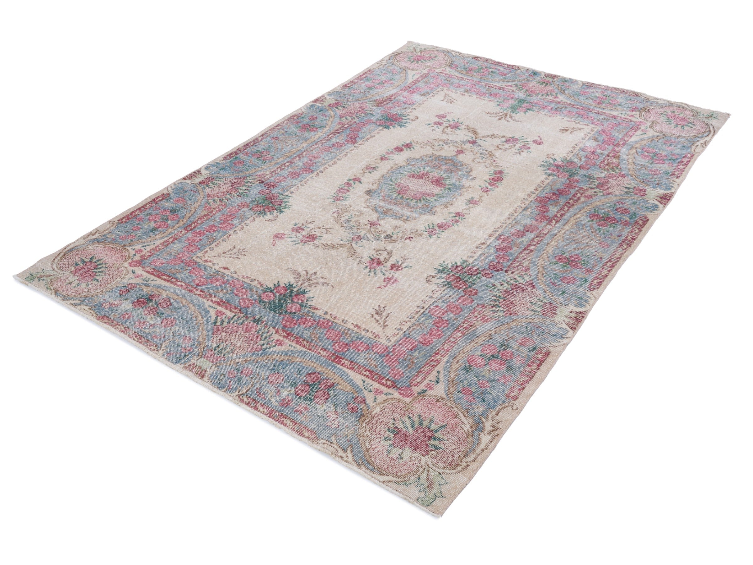 Turkish Isparta area rug in cream and faded red, view 3 of 10