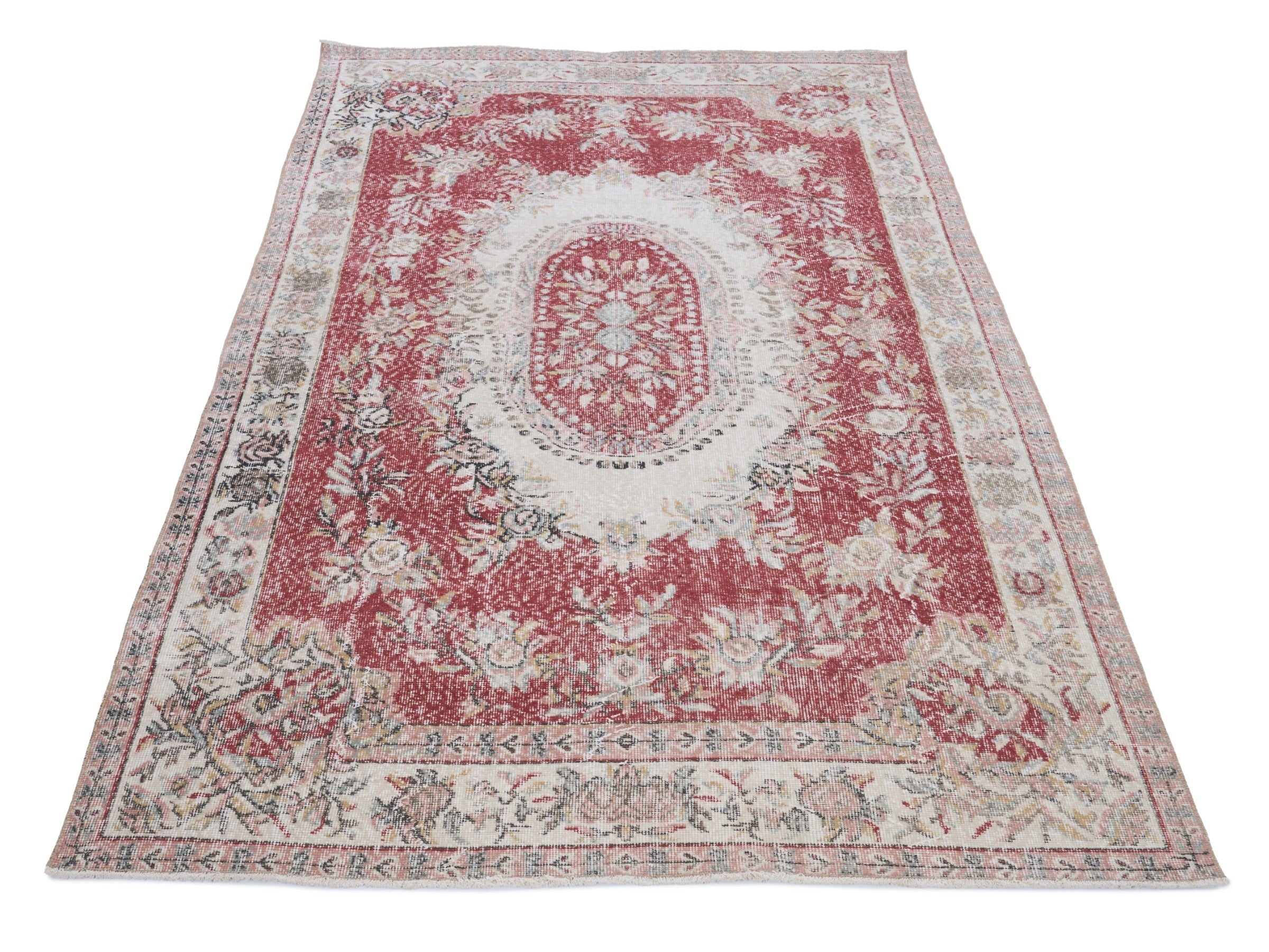 Turkish Isparta area rug in faded red and cream, view 2 of 10