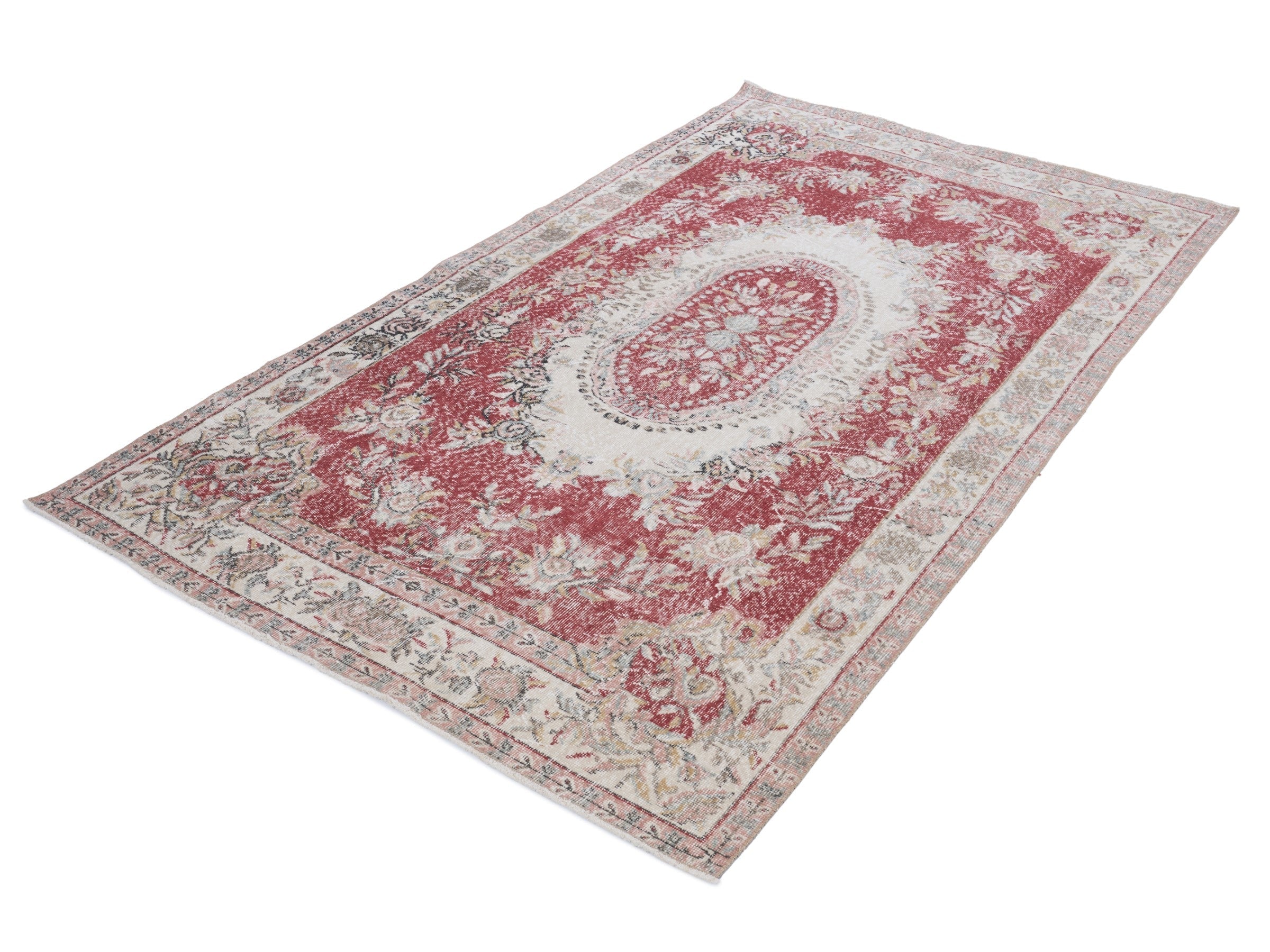 Turkish Isparta area rug in faded red and cream, view 3 of 10