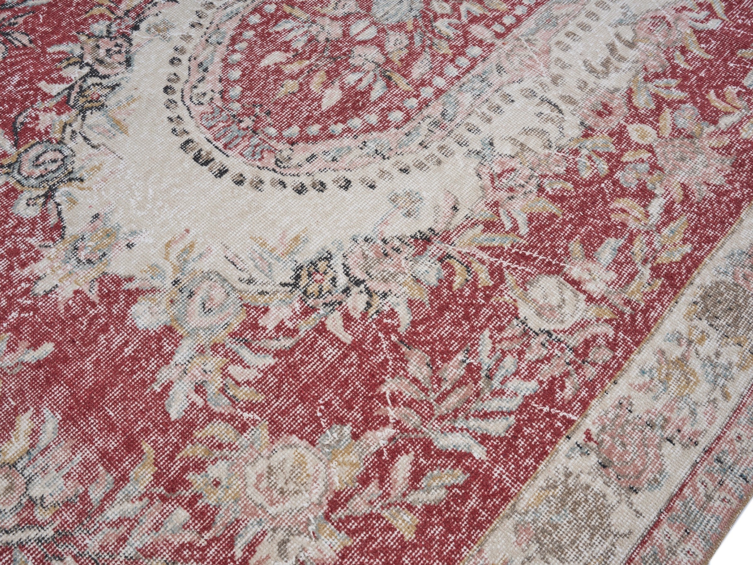 Turkish Isparta area rug in faded red and cream, view 5 of 10
