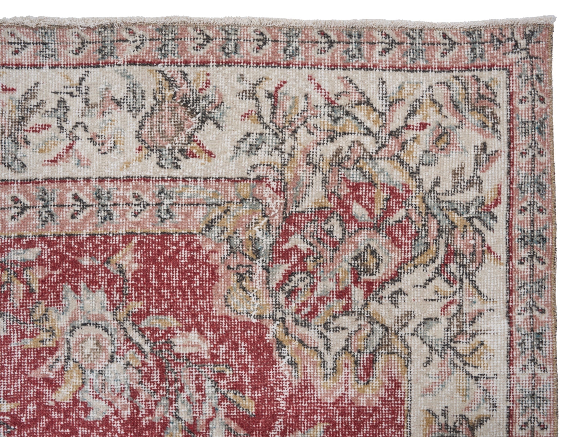Turkish Isparta area rug in faded red and cream, view 8 of 10