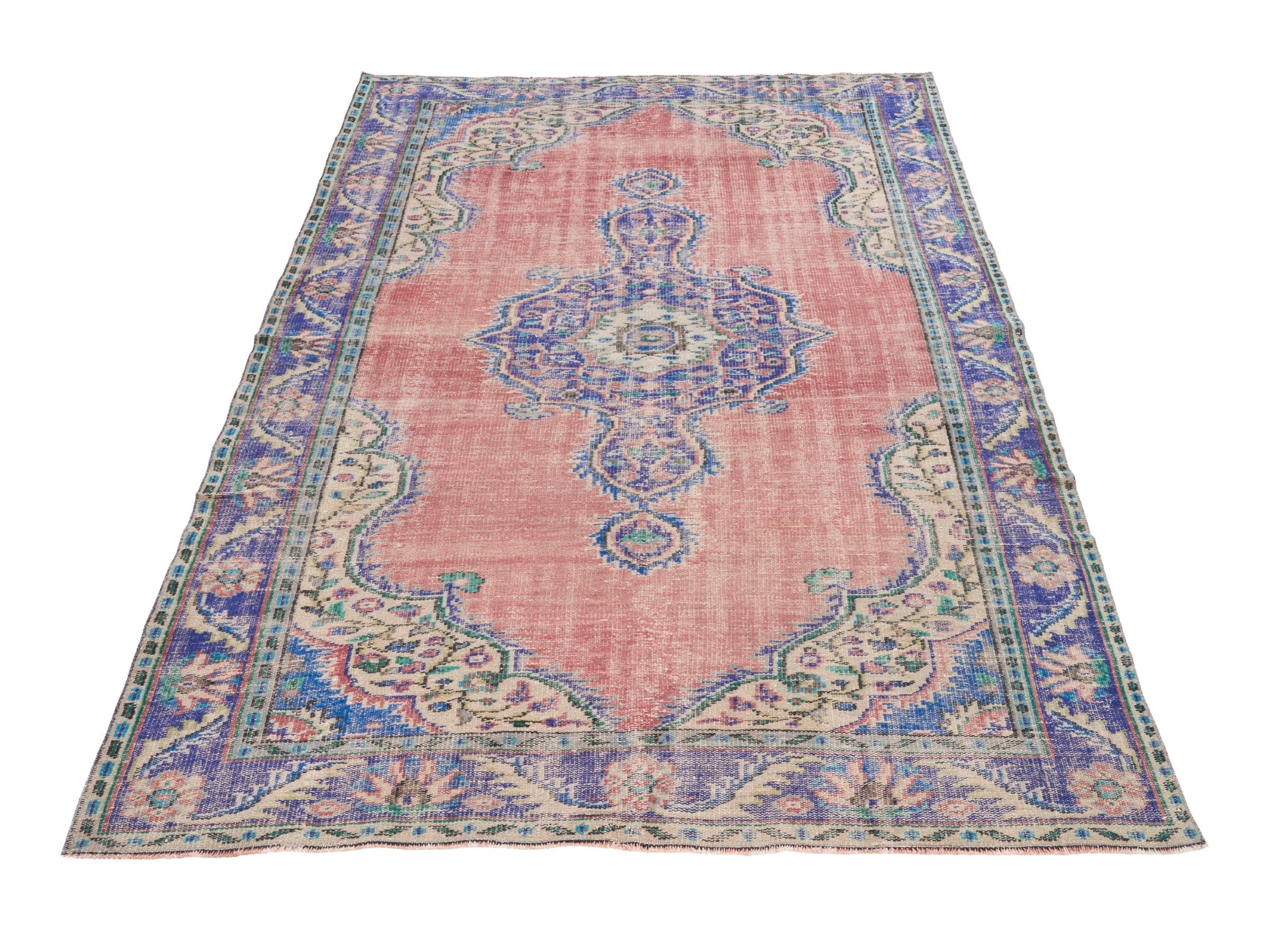 Turkish Manisa area rug in dusty rose and denim, view 2 of 10