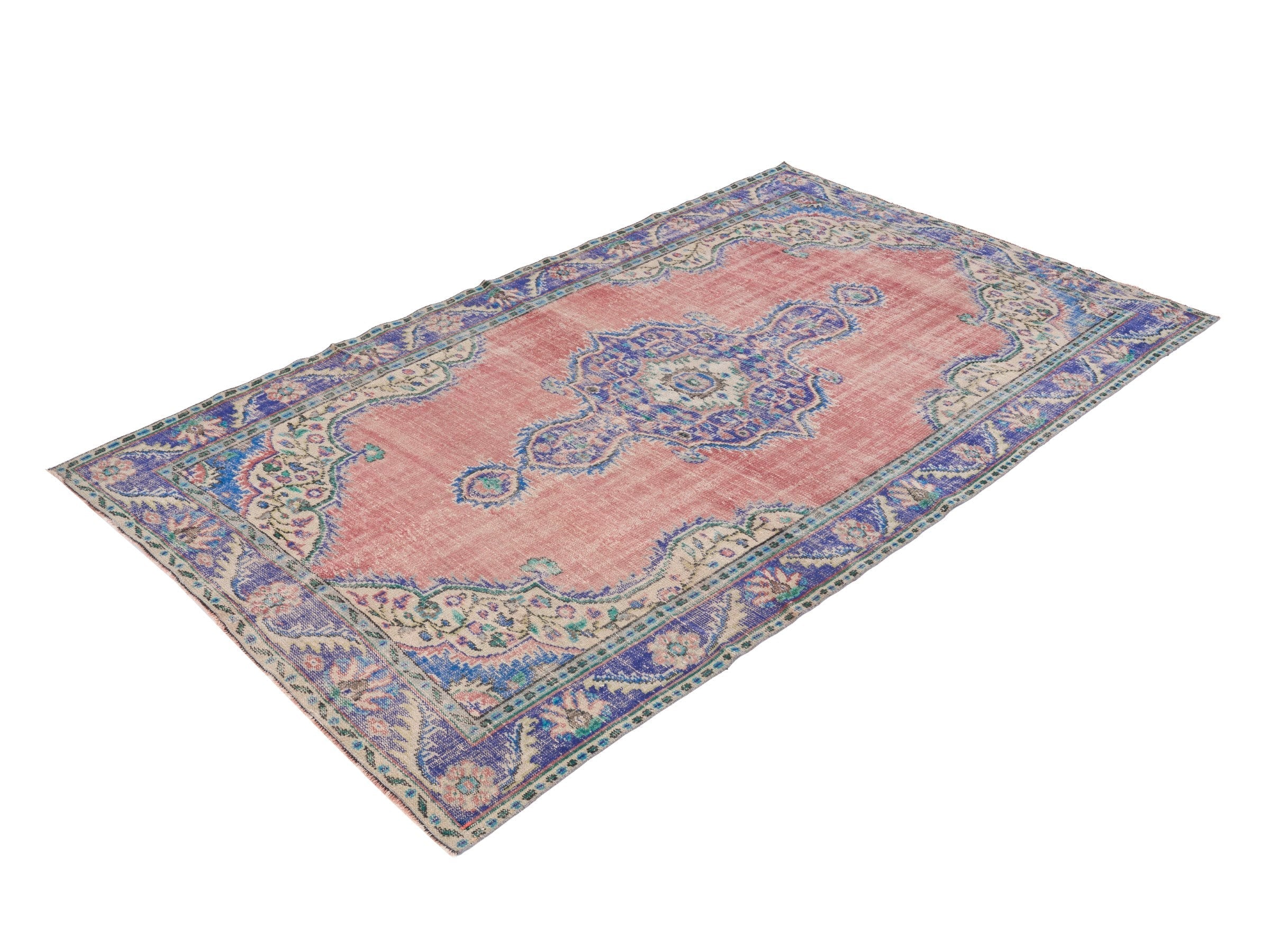 Turkish Manisa area rug in dusty rose and denim, view 3 of 10