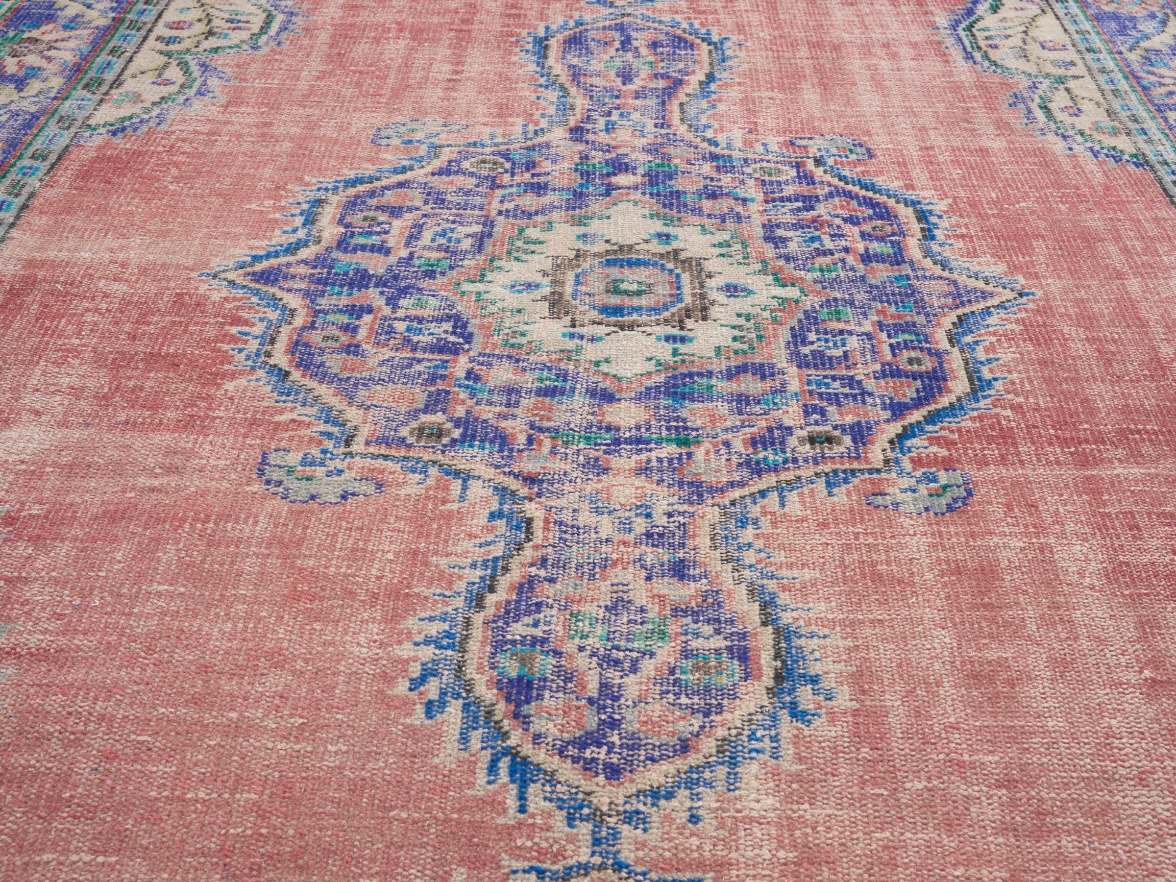 Turkish Manisa area rug in dusty rose and denim, view 4 of 10