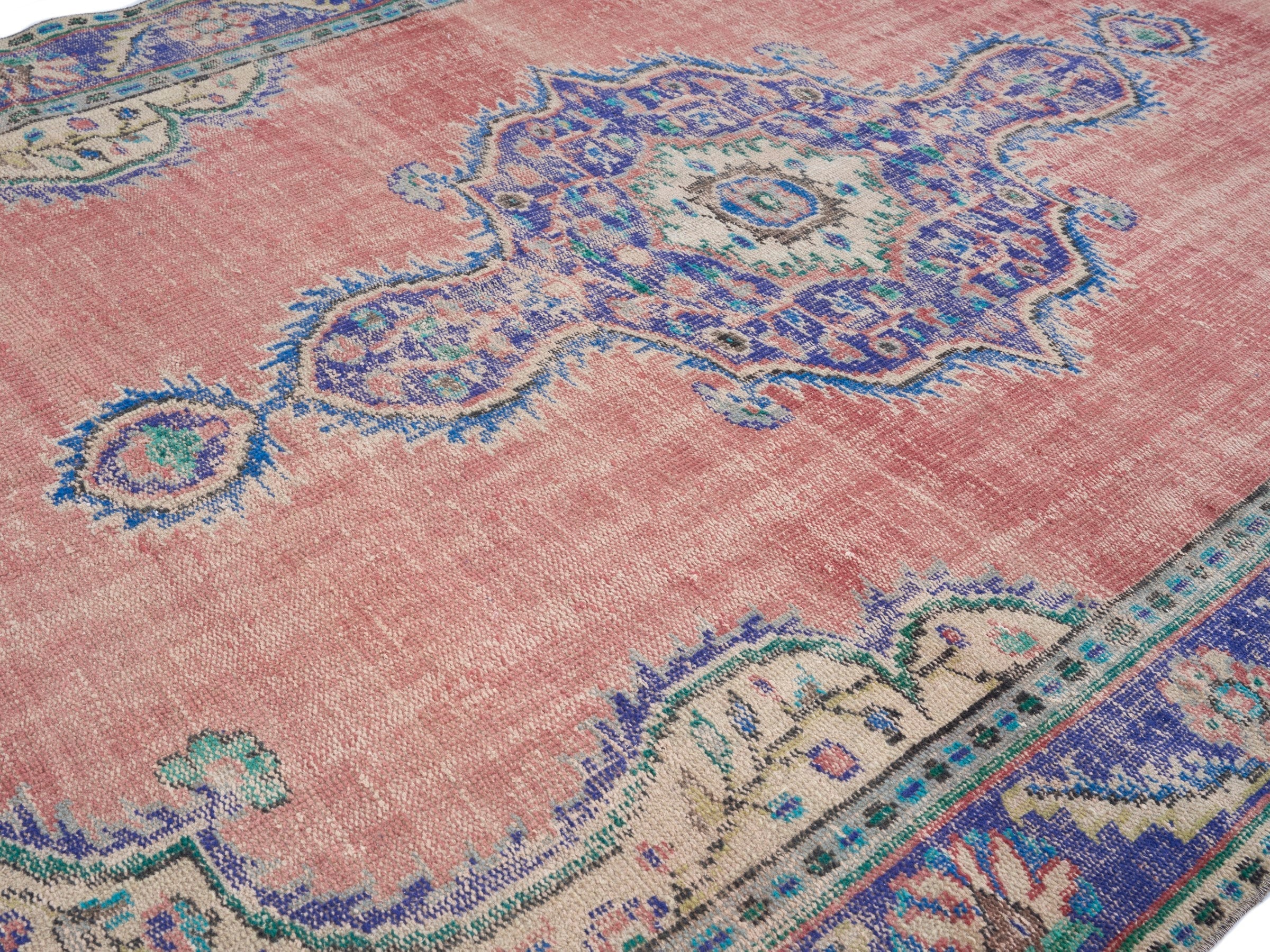 Turkish Manisa area rug in dusty rose and denim, view 5 of 10