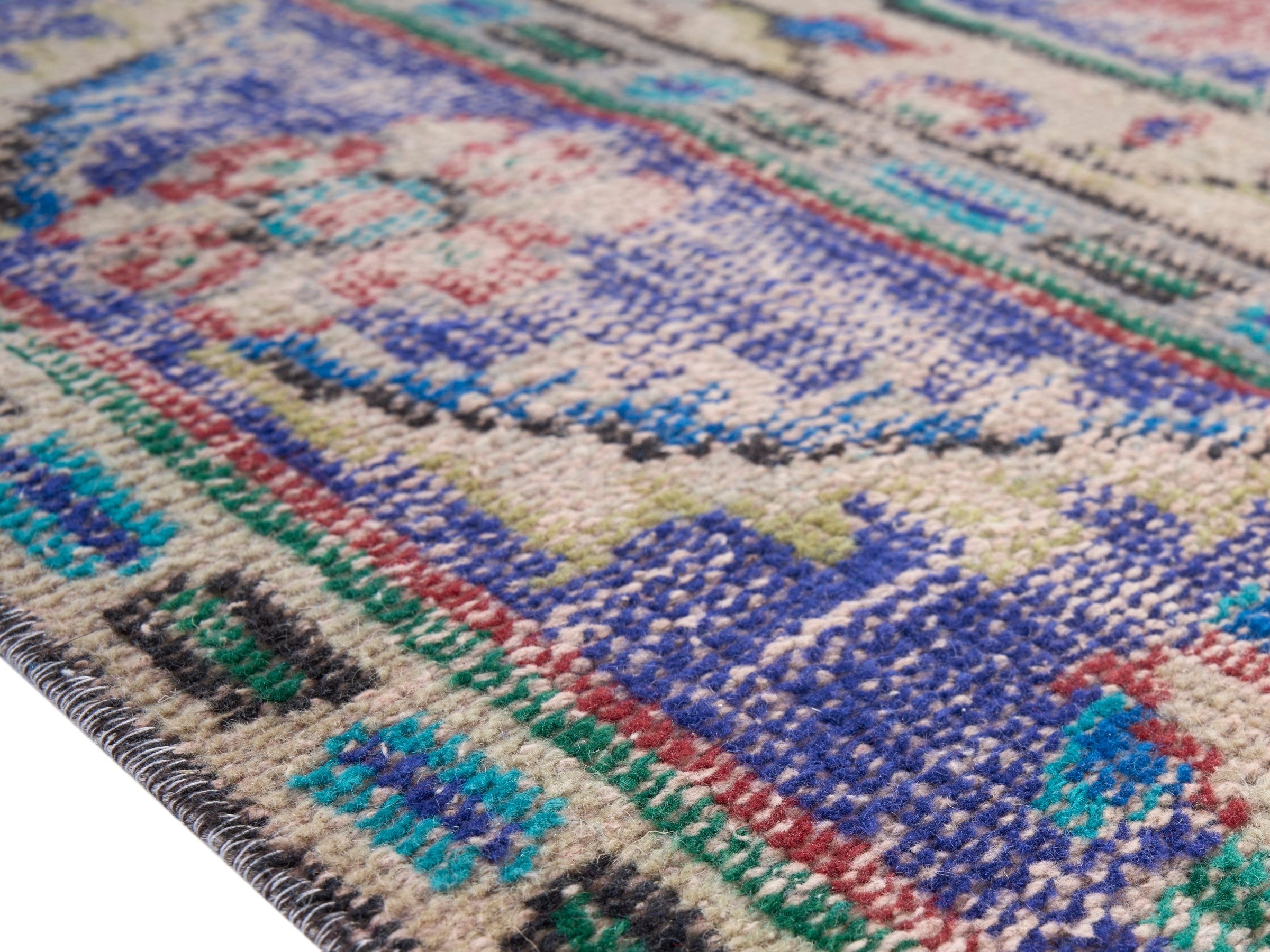 Turkish Manisa area rug in dusty rose and denim, view 6 of 10