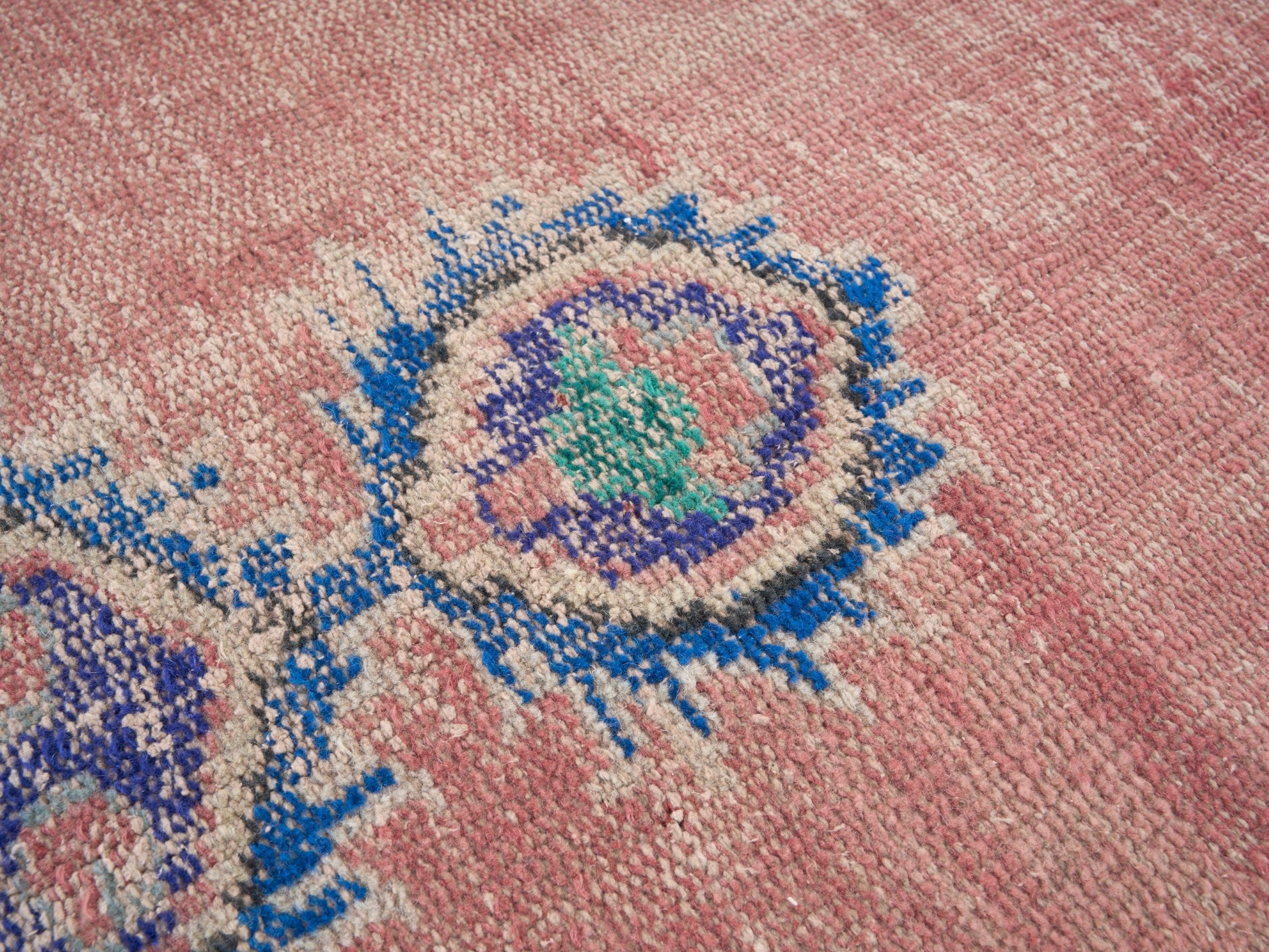 Turkish Manisa area rug in dusty rose and denim, view 7 of 10