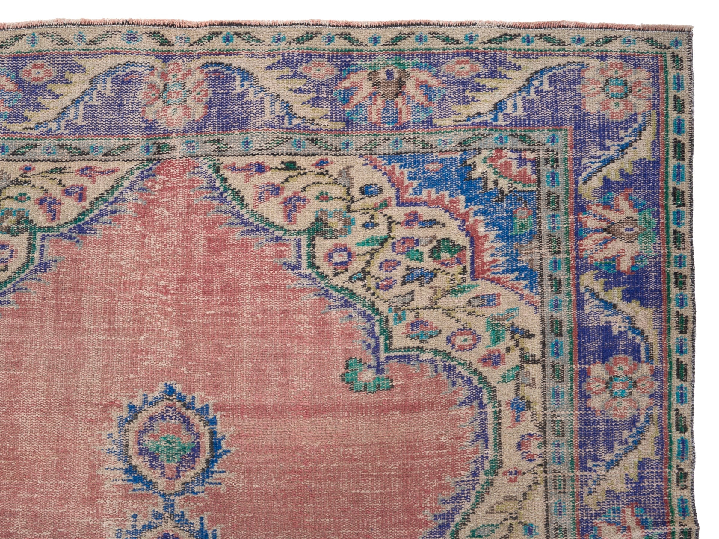 Turkish Manisa area rug in dusty rose and denim, view 8 of 10