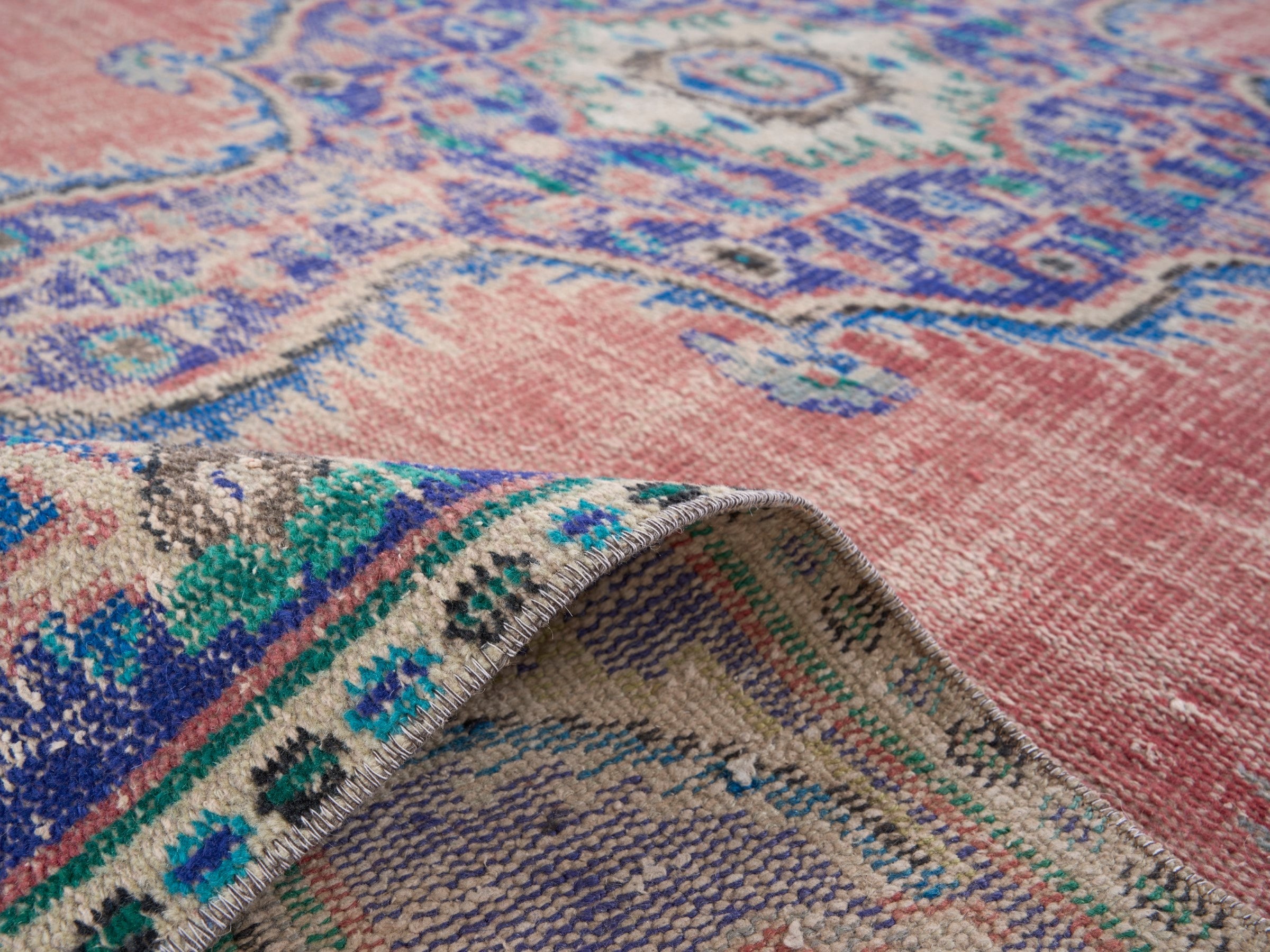 Turkish Manisa area rug in dusty rose and denim, view 9 of 10
