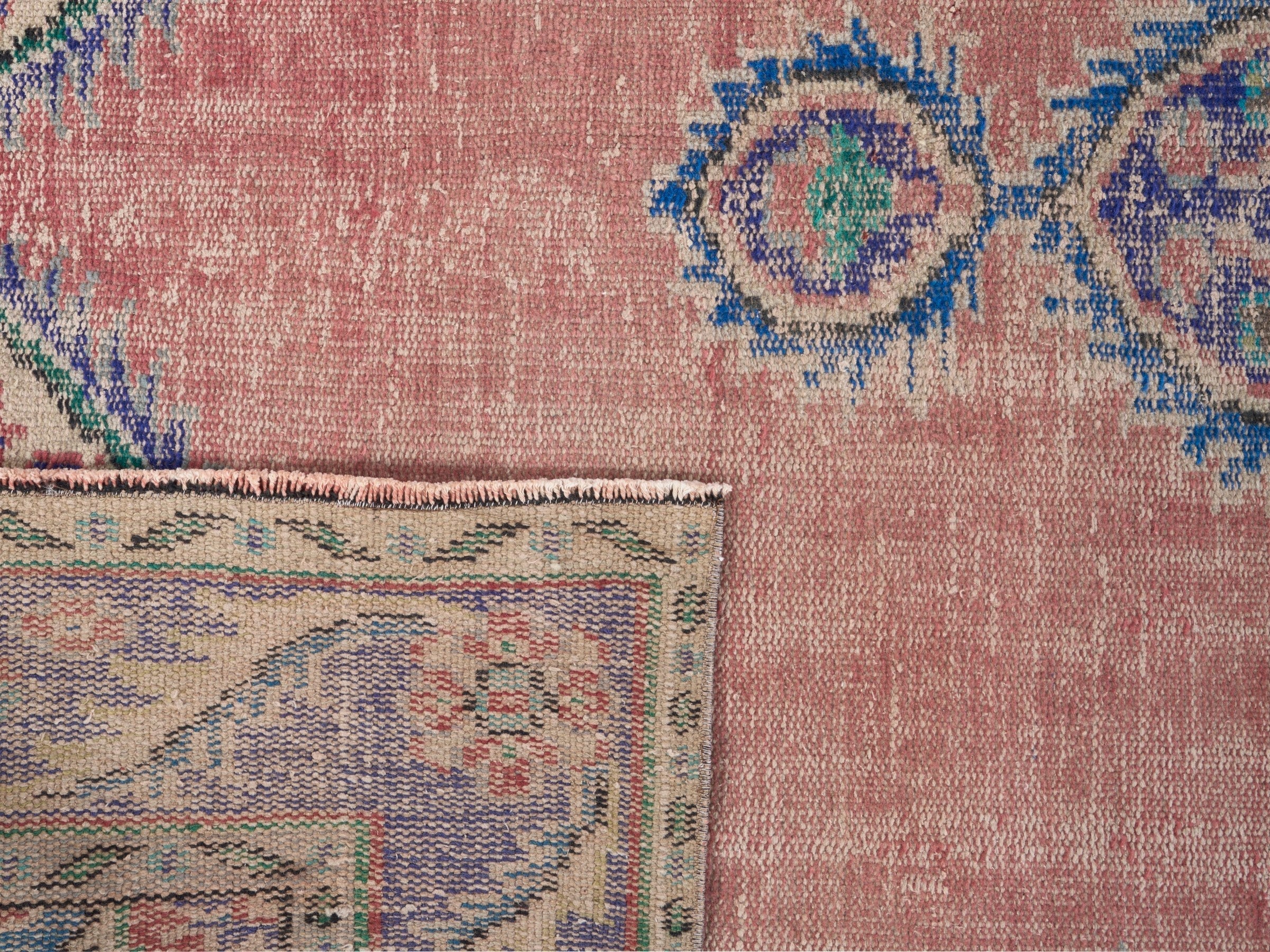 Turkish Manisa area rug in dusty rose and denim, view 10 of 10