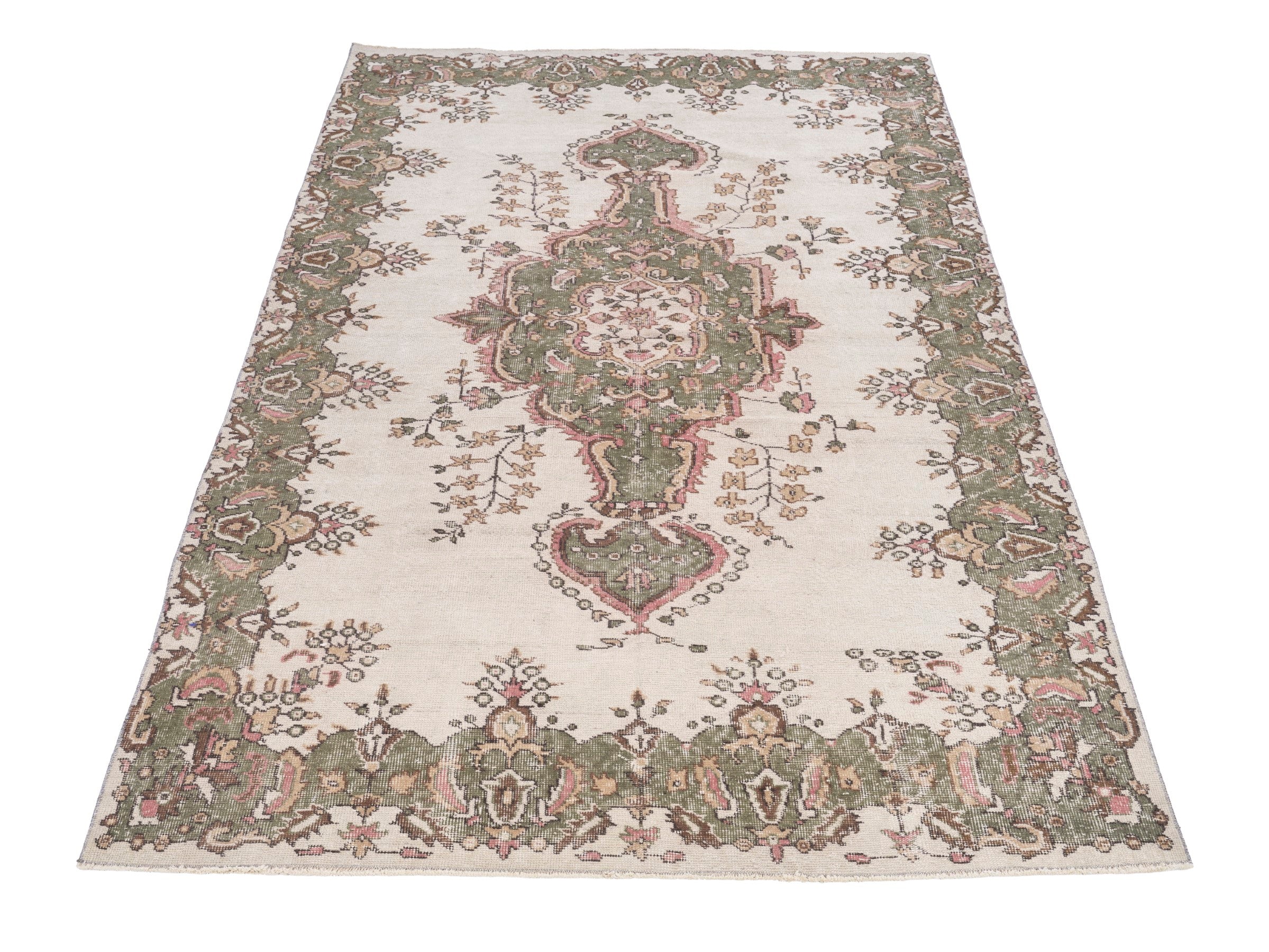 Turkish Isparta area rug in cream and sage, view 2 of 10