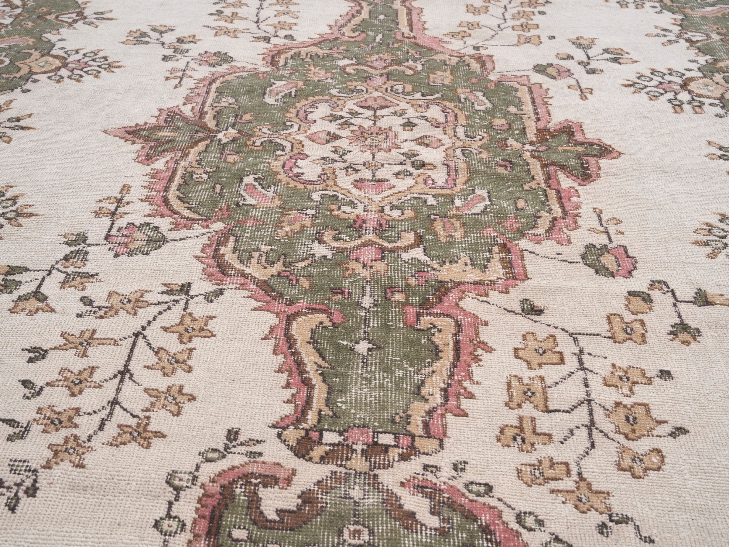 Turkish Isparta area rug in cream and sage, view 4 of 10