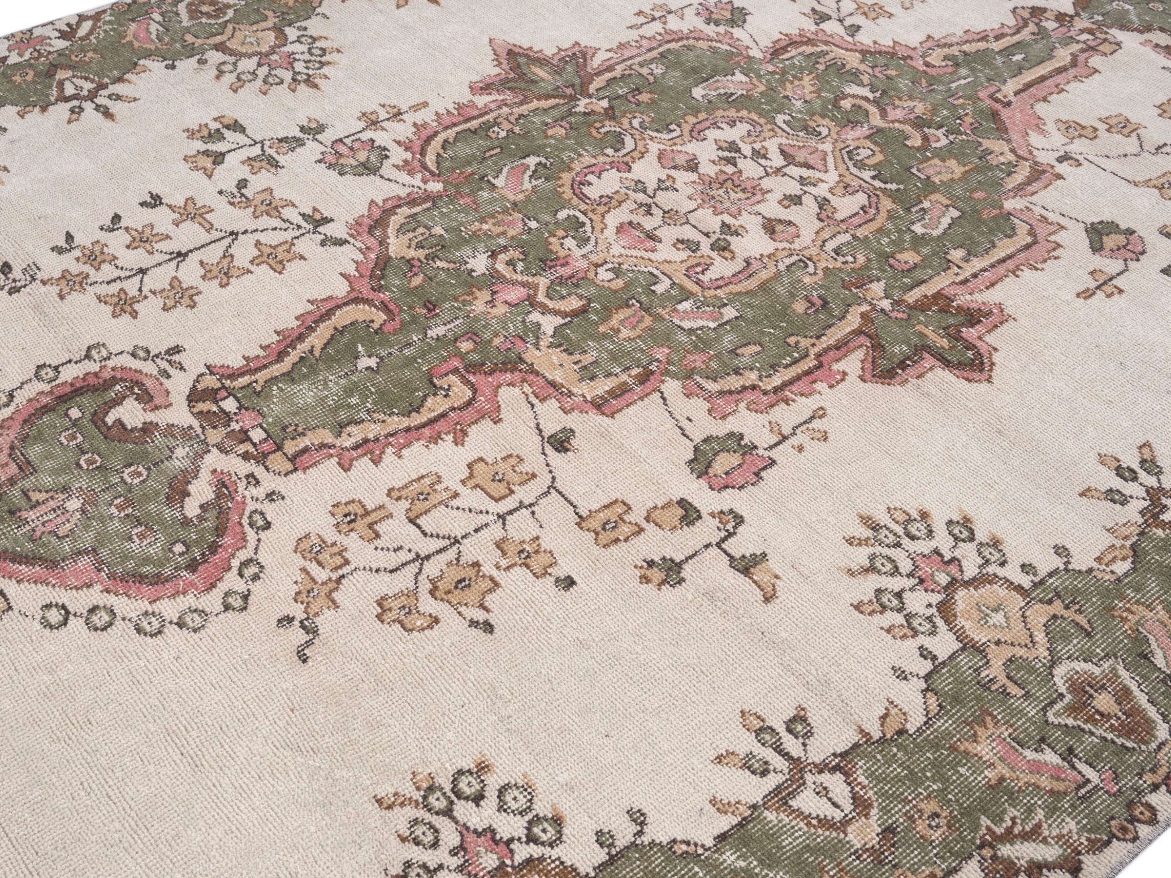 Turkish Isparta area rug in cream and sage, view 5 of 10