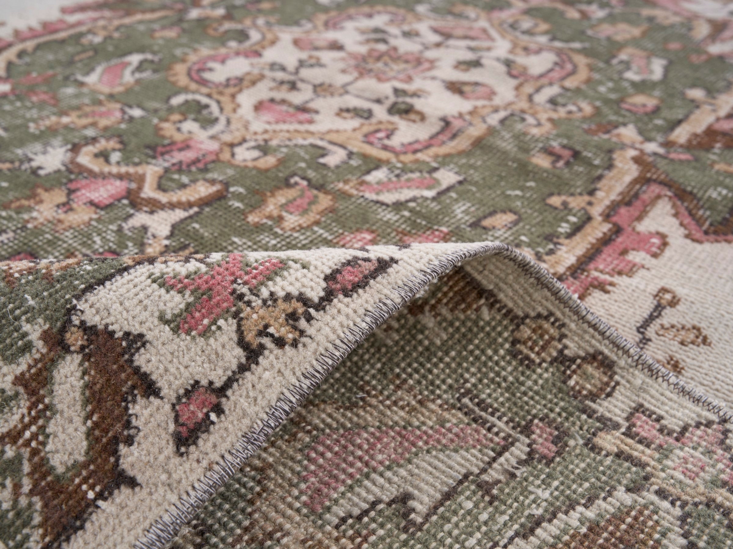 Turkish Isparta area rug in cream and sage, view 9 of 10
