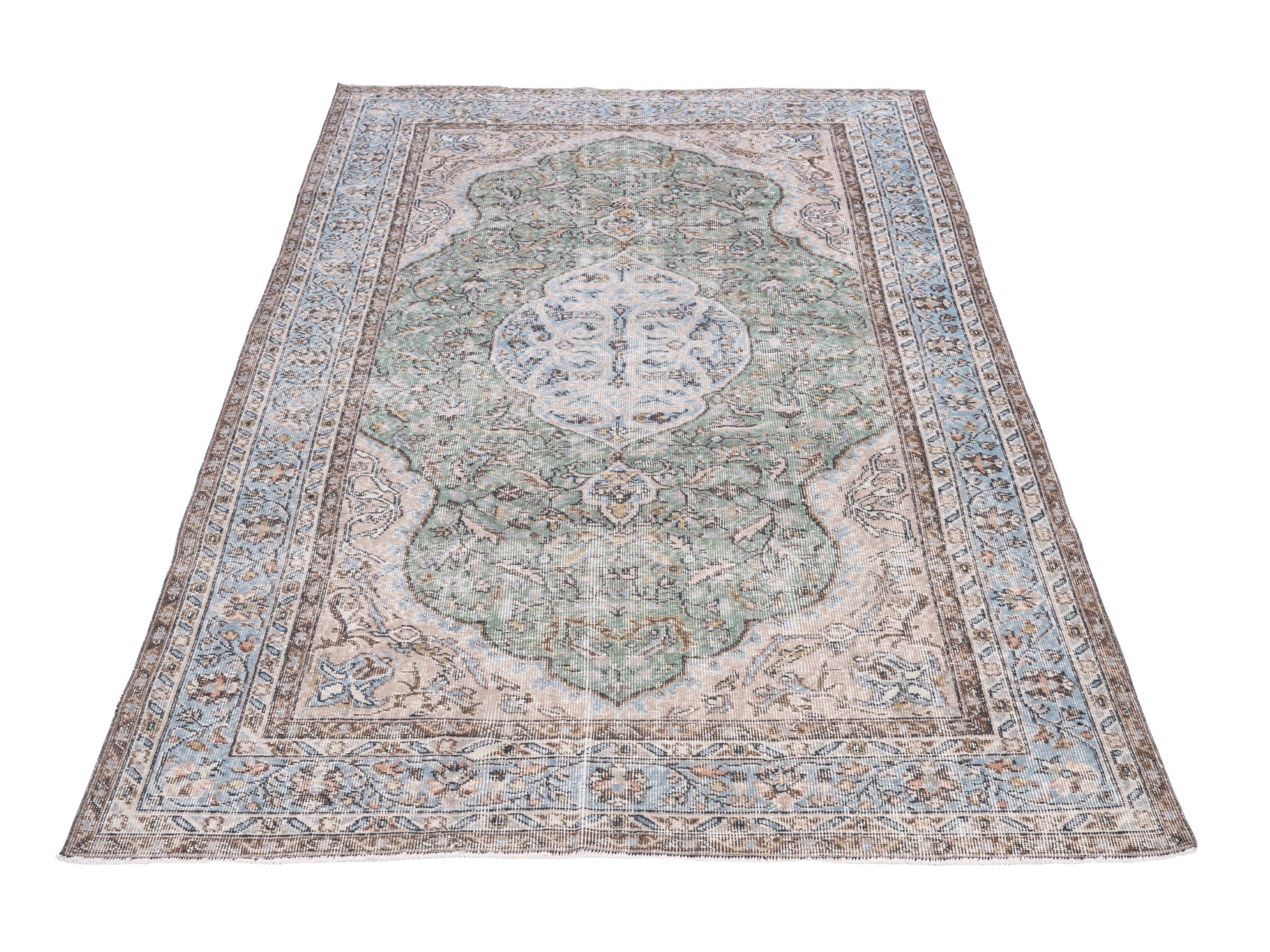 Turkish Isparta area rug in sage and powder blue, view 2 of 10