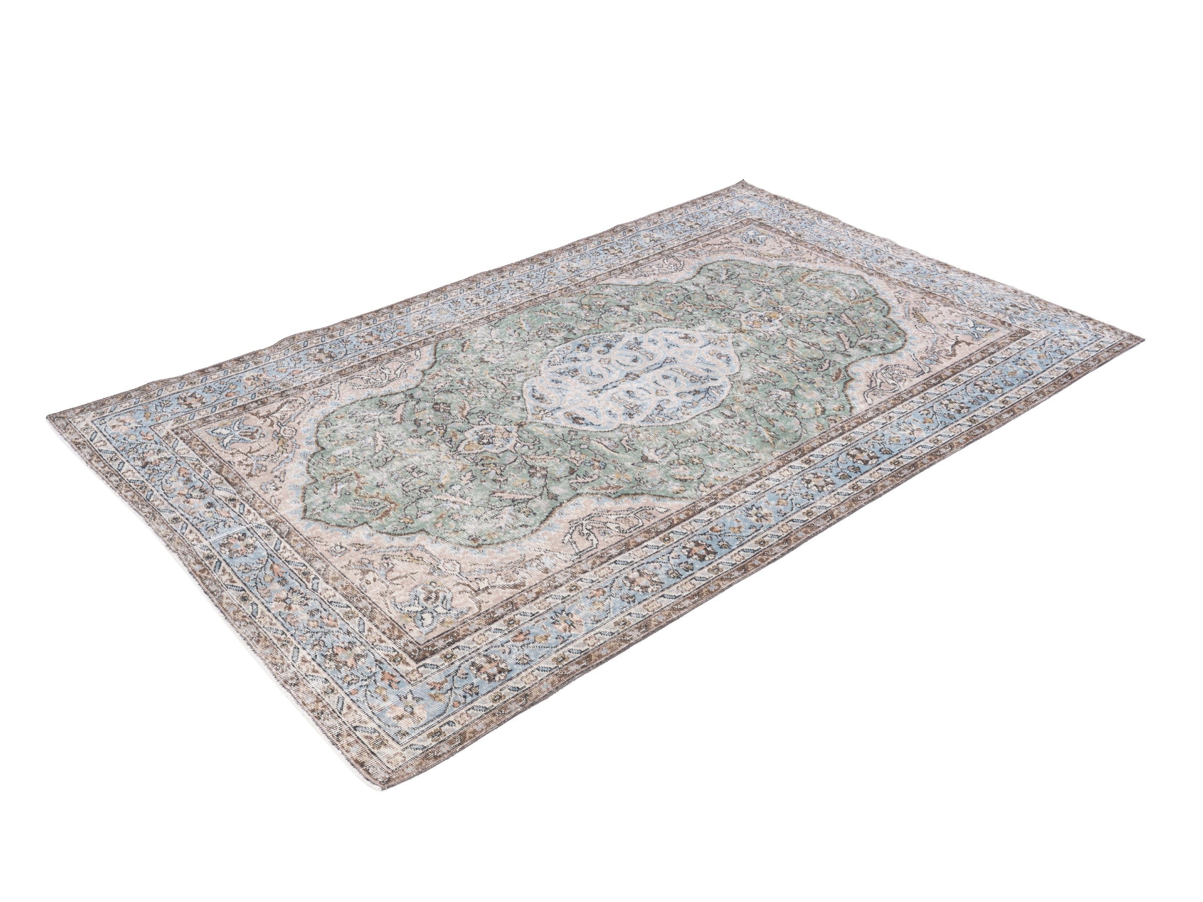 Turkish Isparta area rug in sage and powder blue, view 3 of 10