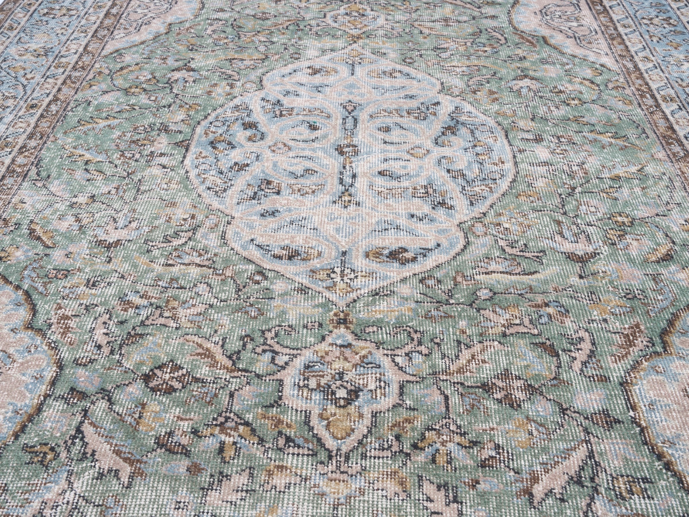 Turkish Isparta area rug in sage and powder blue, view 4 of 10