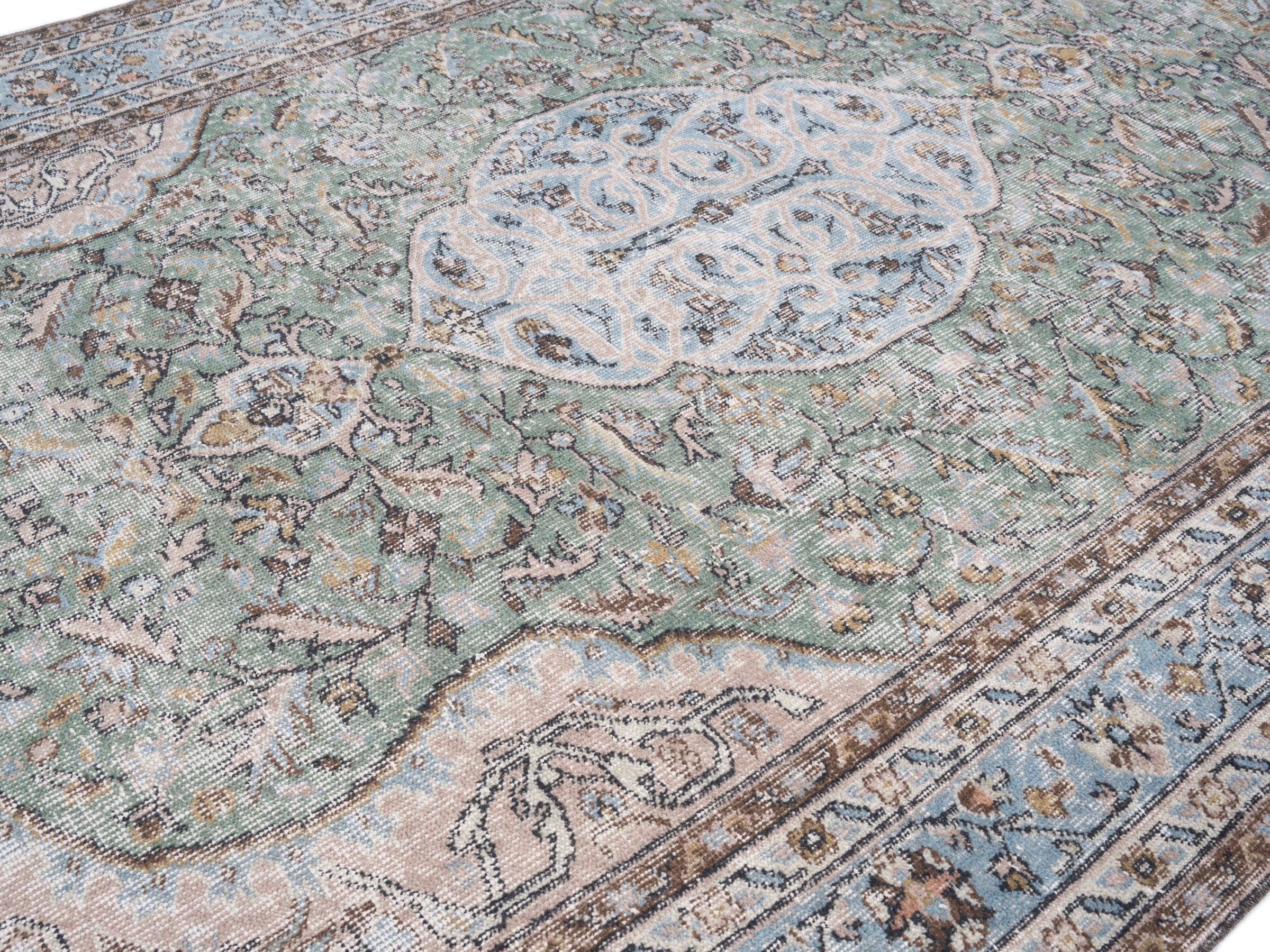 Turkish Isparta area rug in sage and powder blue, view 5 of 10