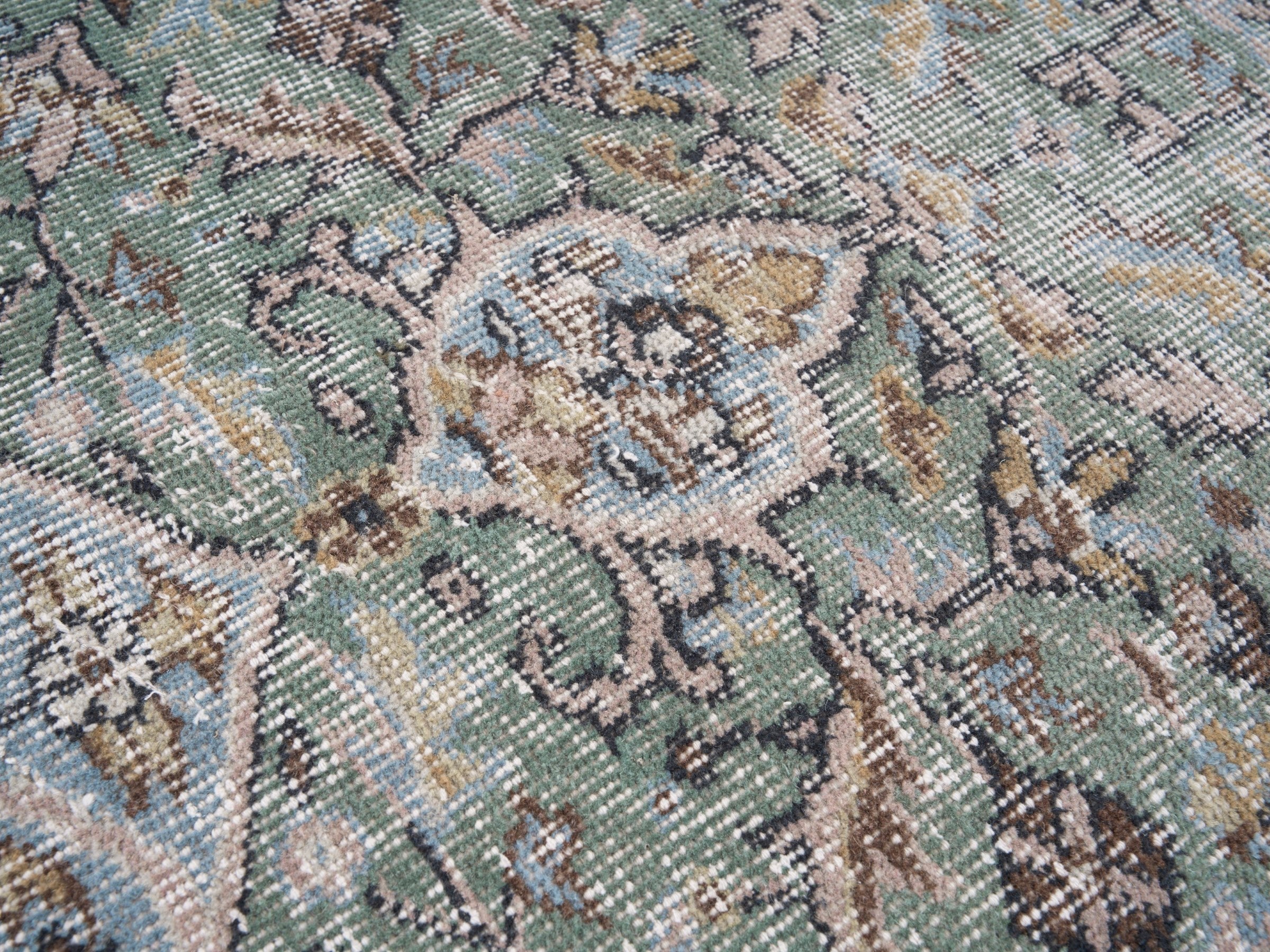 Turkish Isparta area rug in sage and powder blue, view 7 of 10