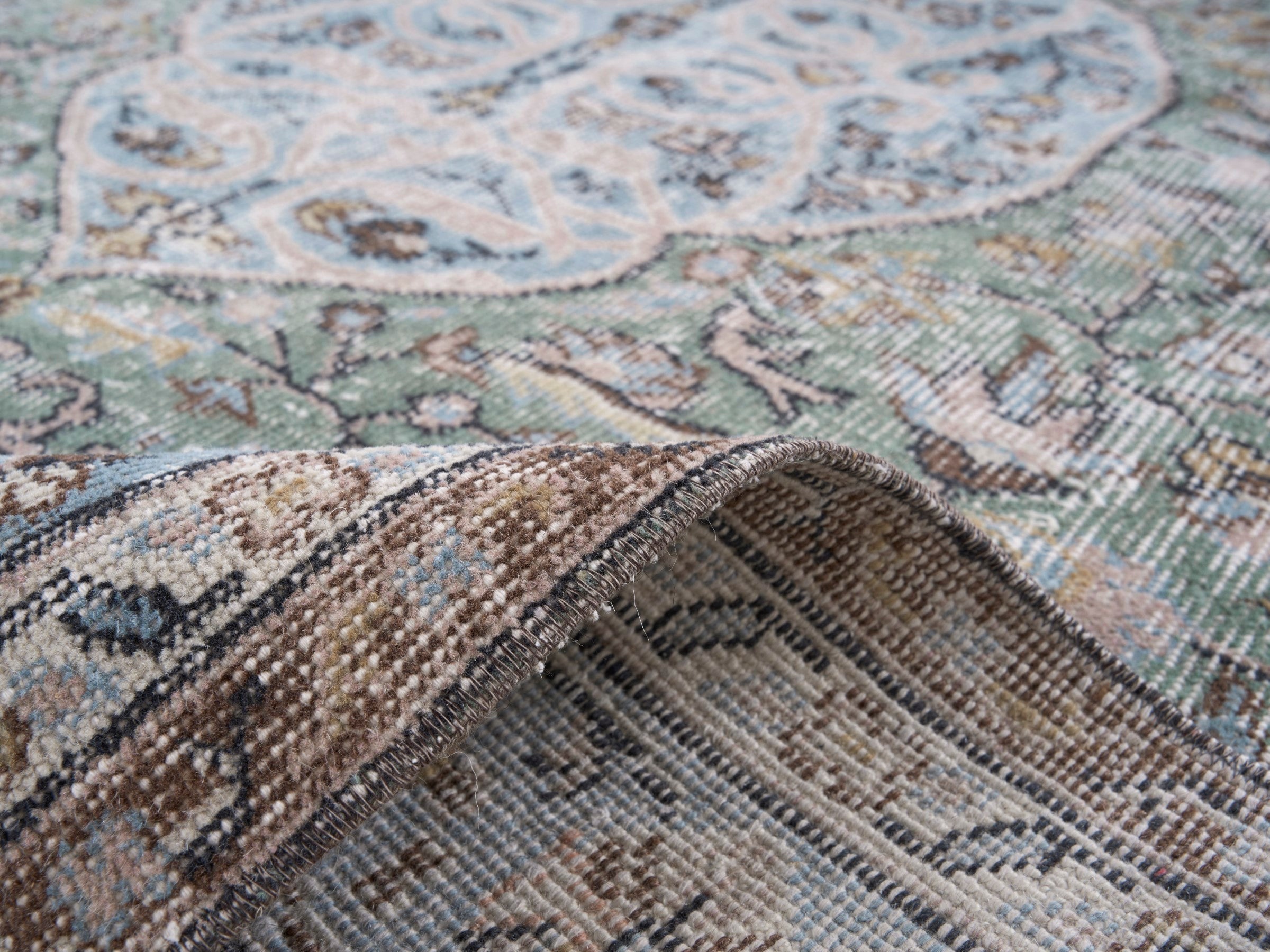 Turkish Isparta area rug in sage and powder blue, view 9 of 10