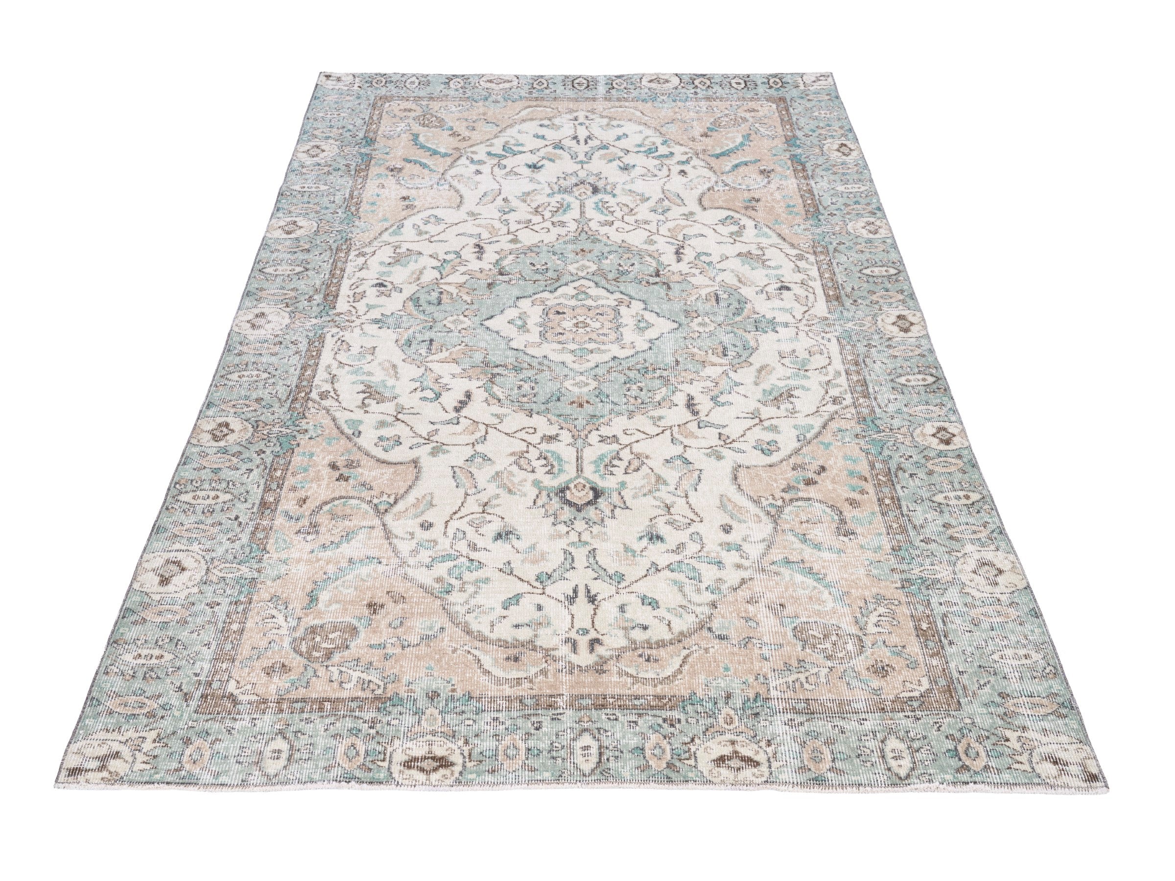 Turkish Isparta area rug in cream and blue gray, view 2 of 10