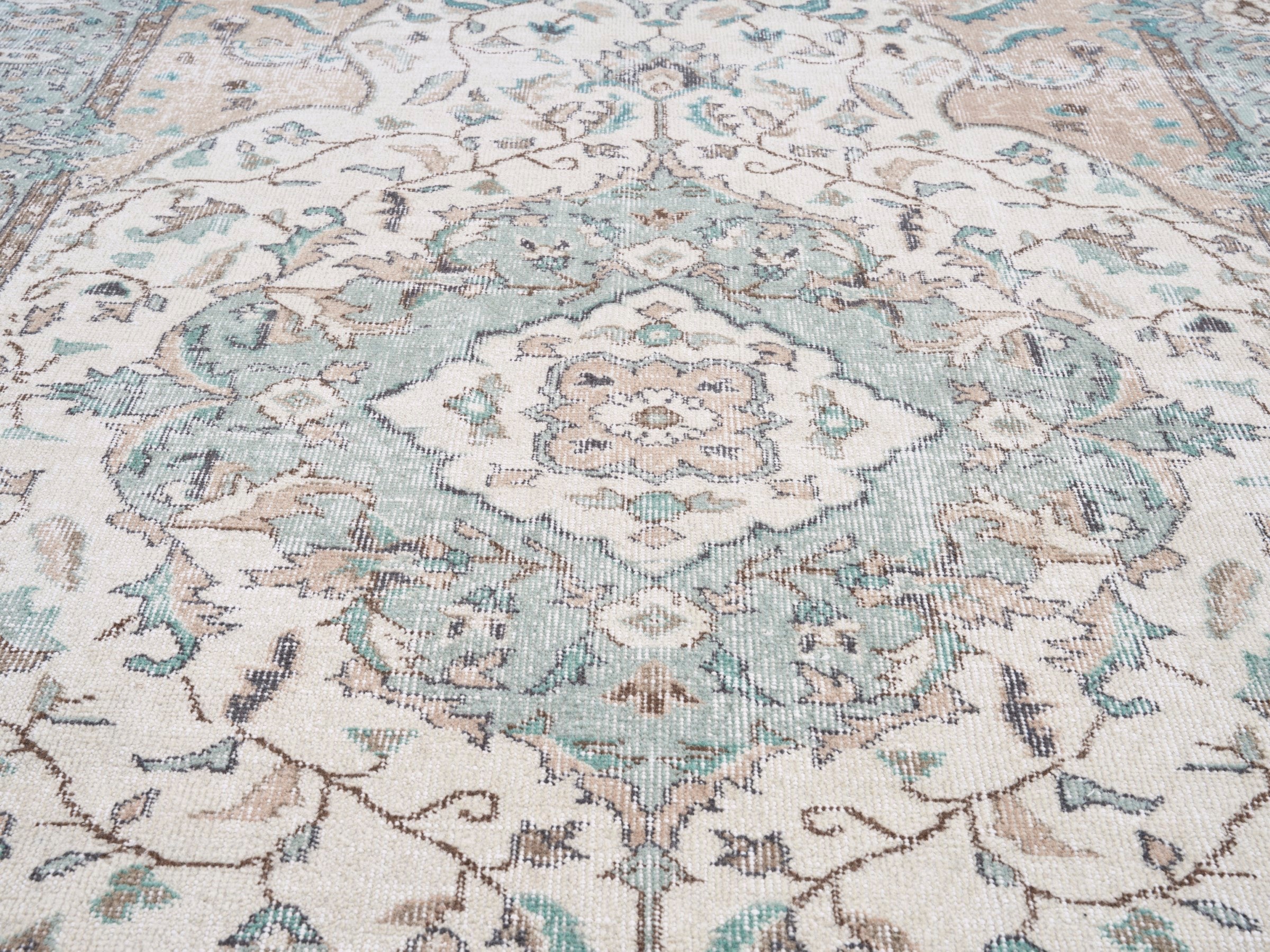 Turkish Isparta area rug in cream and blue gray, view 4 of 10